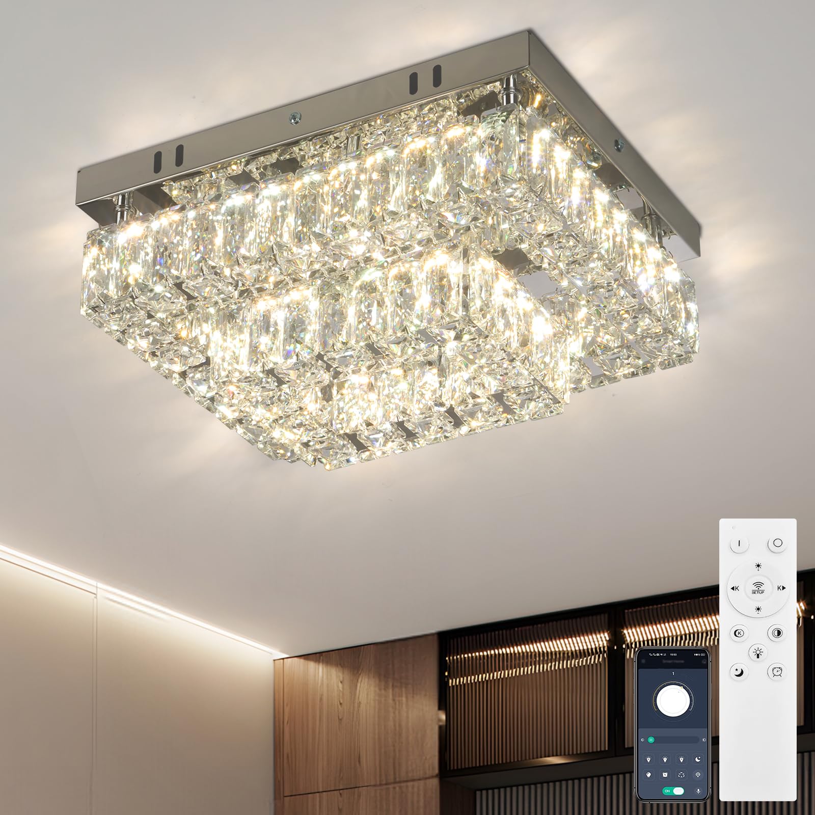 Finktonglan Modern 2-Tier Crystal Flush Mount Ceiling Light, 11.8" Rectangular Dimmable LED Ceiling Fixture with Multi-Faceted Crystal Prisms, 24W Low Profile for Kitchen Dining Hallway