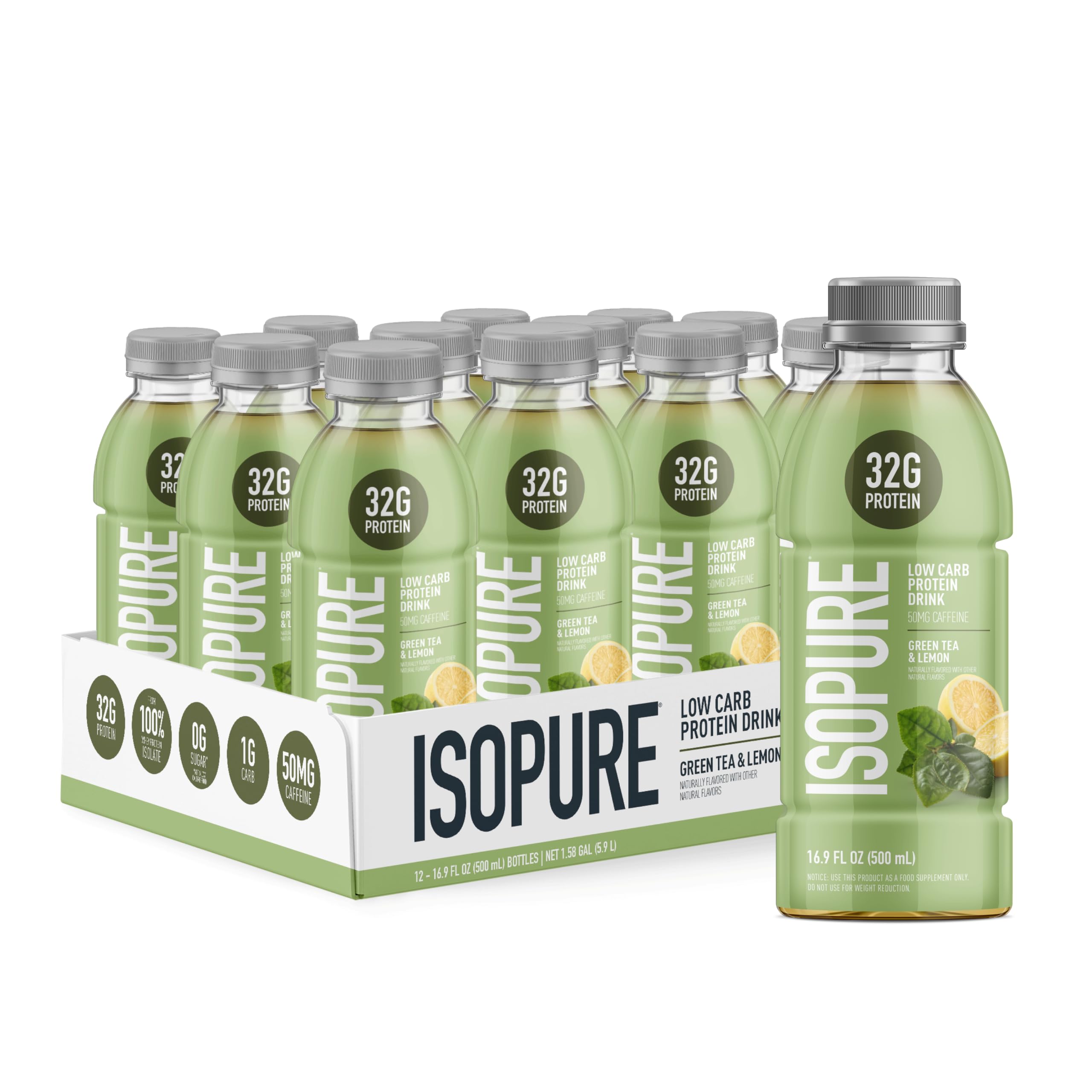 Isopure Bebida proteica pronta para beber com isolado de proteína do soro do leite 32 g, chá verde, 12 unidades