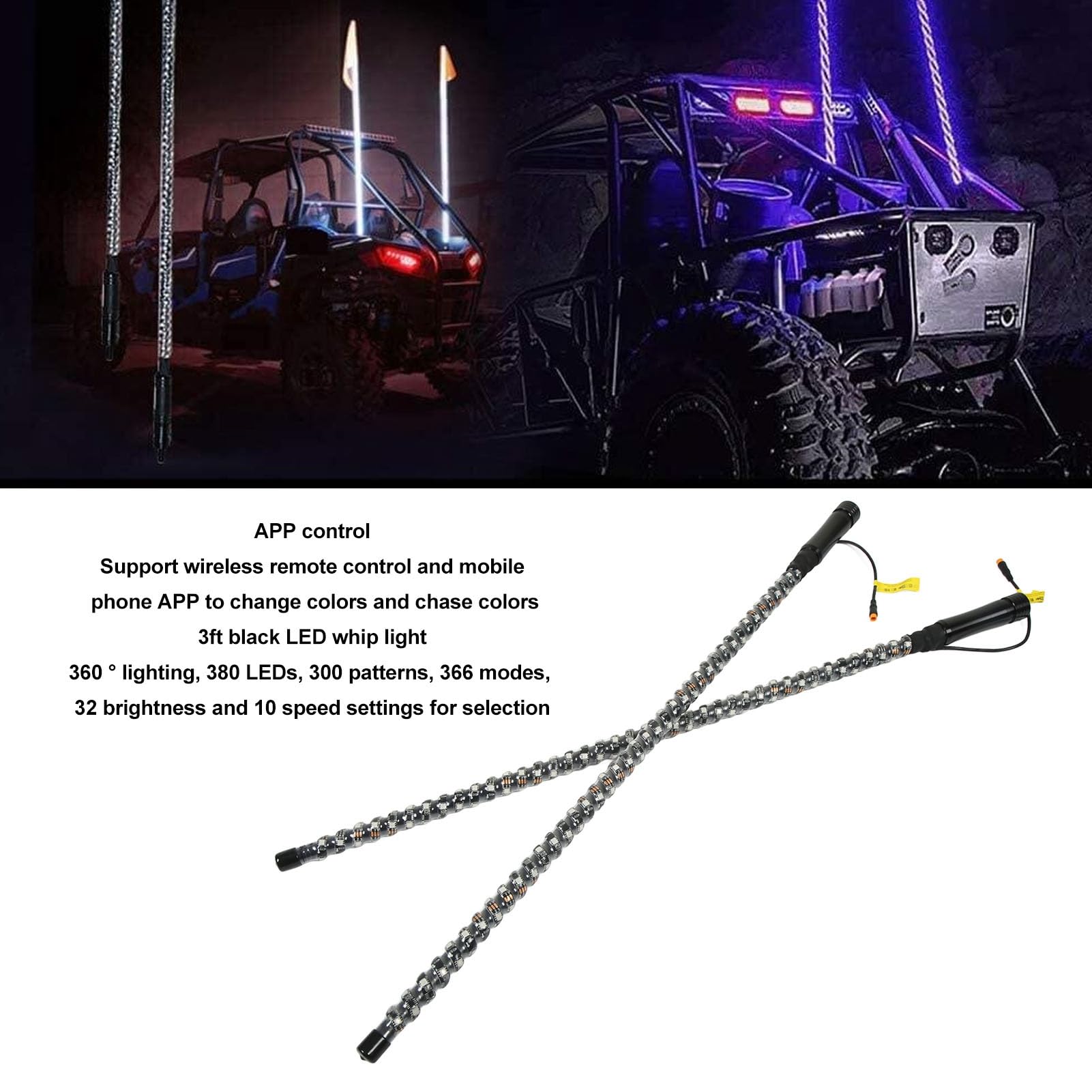 Luz de Látigo LED, 2 Luces de Látigo LED de 3 Pies con Asta de Bandera Control de Aplicación de Color RGB Luz de Látigo de Persecución para UTV ATV Camión Barco 12-24V