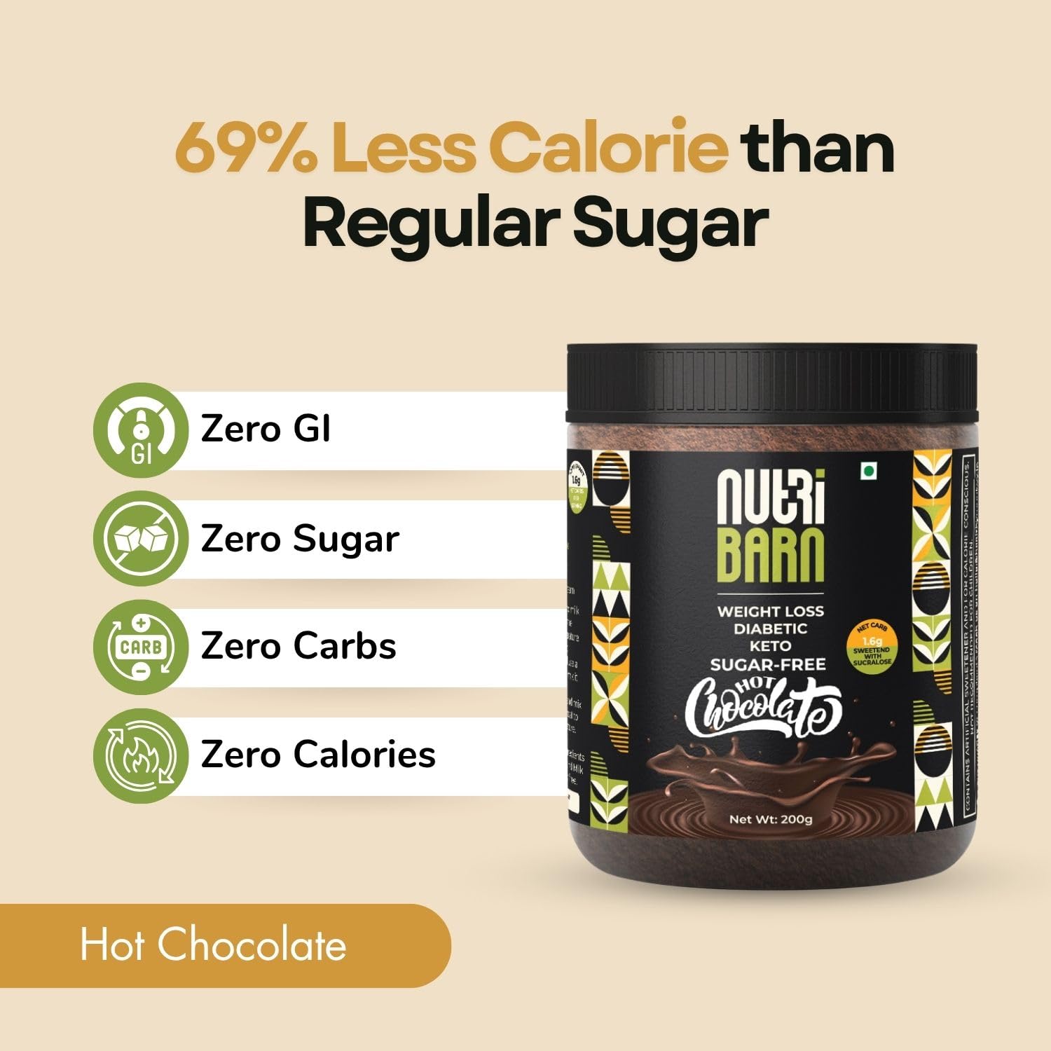 Nutribarn Sugar-Free Hot Chocolate Mix 200g. 1.6g Net Carb. Zero added Sugar, Low Carb, Low Calorie. Sweetened with Sucralose. 1