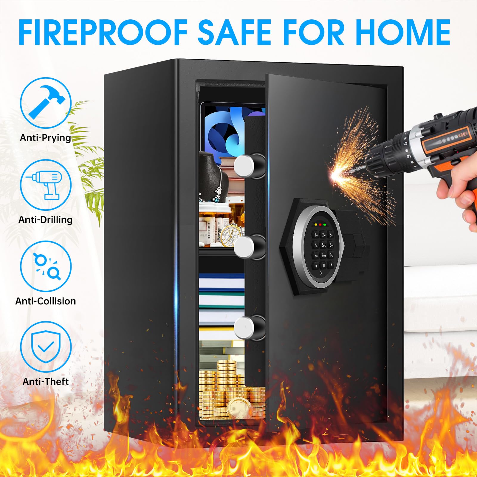 Große Home Safes Wasser- und Feuerfest mit digitaler Tastatur & Schlüsselschloss, Sicherheitssafe für Zuhause mit DIY abnehmbarem Regal, Anti-Pry Safe Box für Gelddokumente