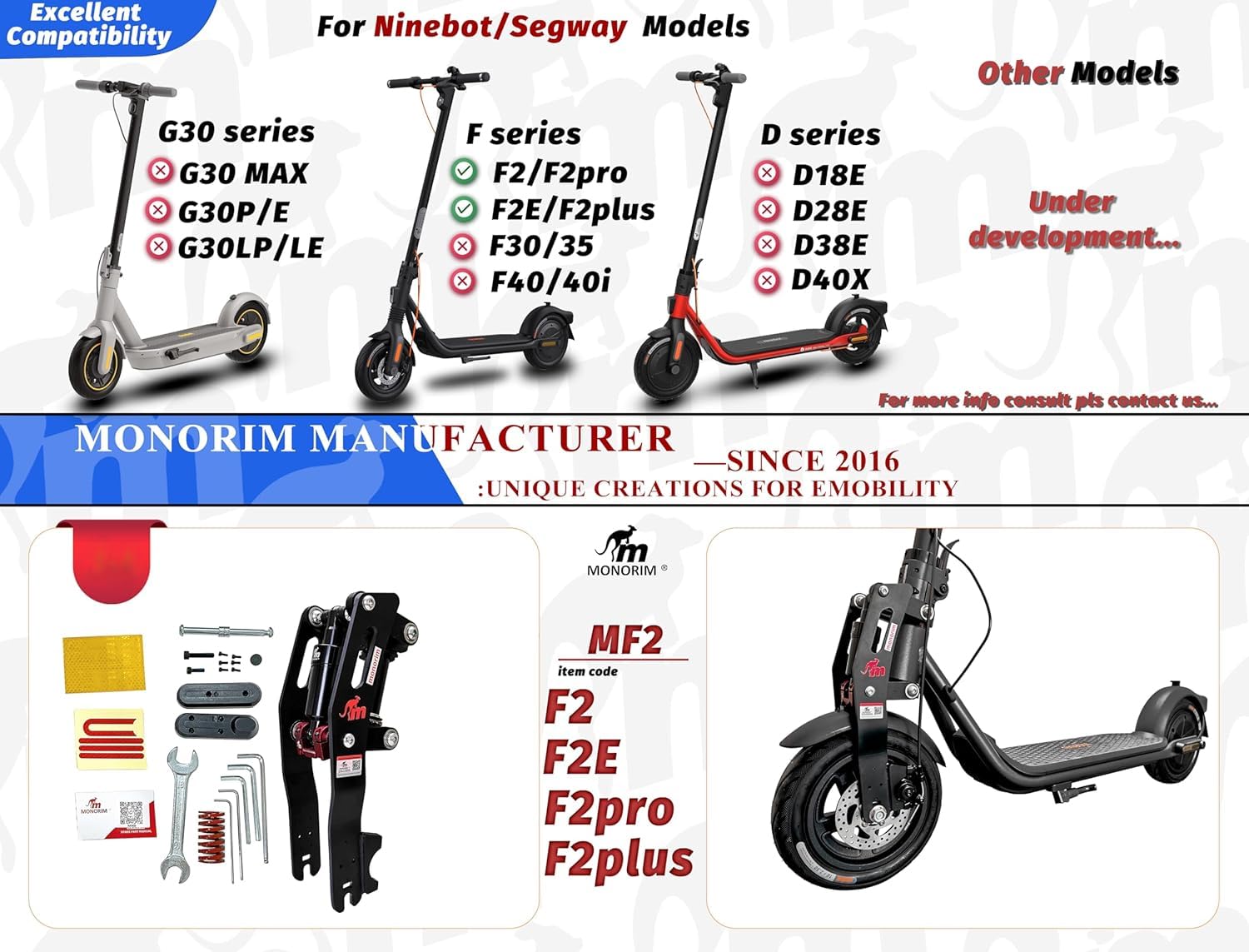 Monorim MF2 zestaw przedniego zawieszenia do skutera elektrycznego Segway Ninebot F2, F2E, F2 Pro, F2 Plus