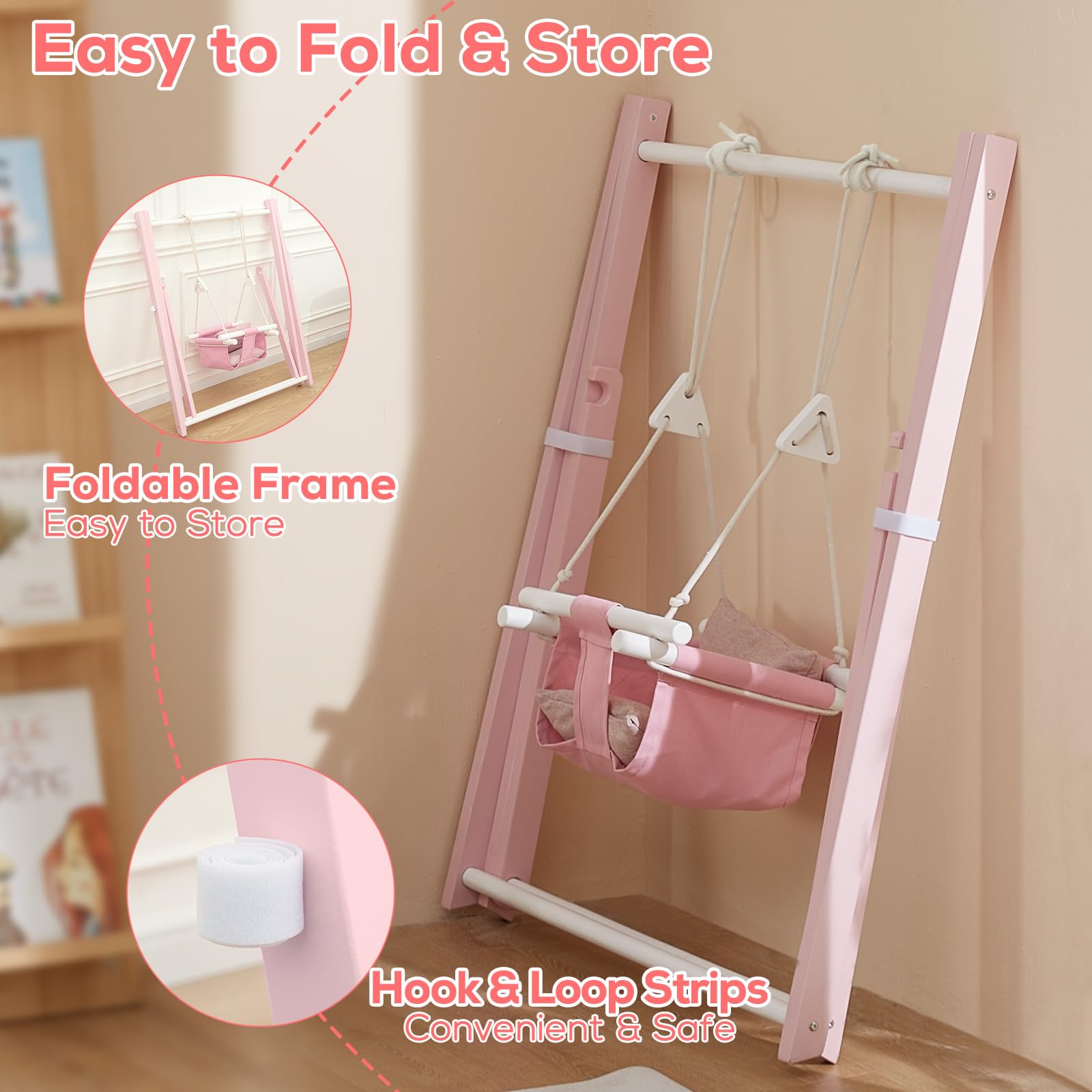 FUNLIO Columpio de Madera para niños de 6 a 36 Meses, Bebe Plegables con Pino Duradero, Columpio Portátil con 4 Sacos de Arena y Correas de Extensión para Interior/Exterior/Jardin - Rosa