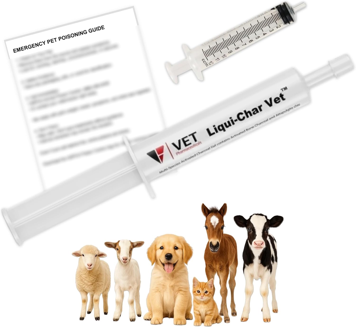 LBH MARKET Liqui-Char Vet Emergency Kit, Activated Charcoal Gel for Dogs, Cats, Goats 80mL Dial-a-Dose Syringe, Emergency First Aid Card, and 12 Ml Fluid Delivery Syringe, Pet Toxin Treatment