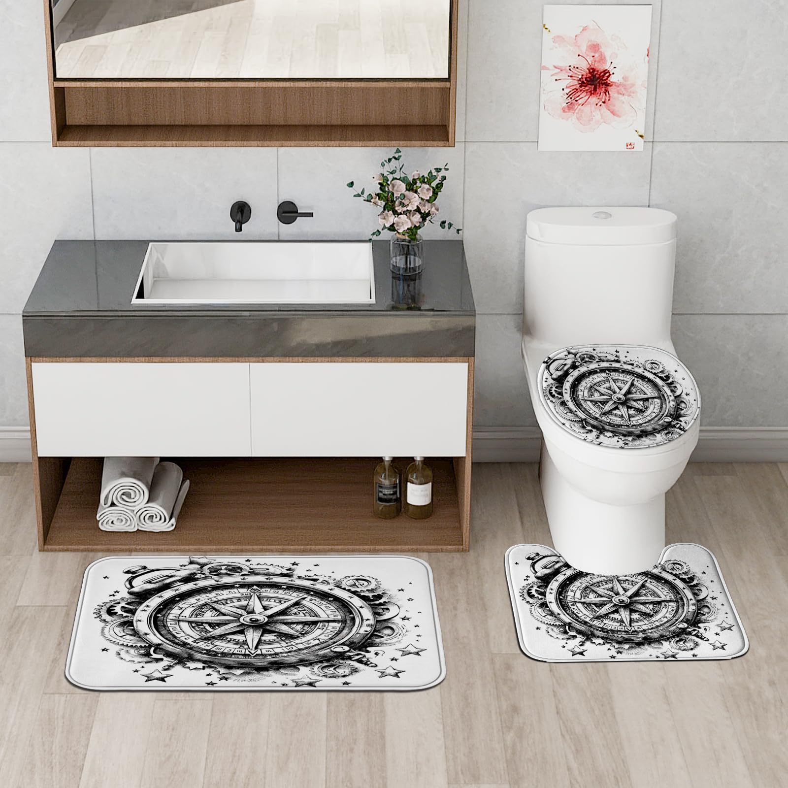 Juego de 4 accesorios de baño con brújula náutica negra con alfombra antideslizante, en forma de U y cubierta de tapa de inodoro, decoración de baño de la industria mecánica, 72 x 72 pulgadas