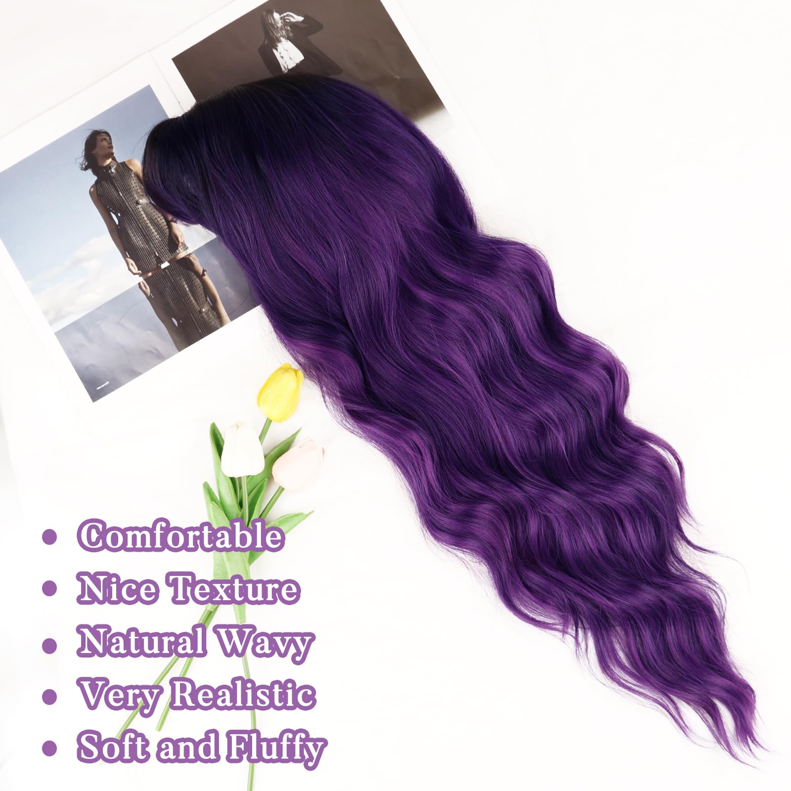 NAYOO Long Purple Wigs with Bangs for Women Curly Wavy Hair Wigs Heat Resistant Synthetic Fiber Wigs for Daily Party Use 26 Inches (Ombre Purple)