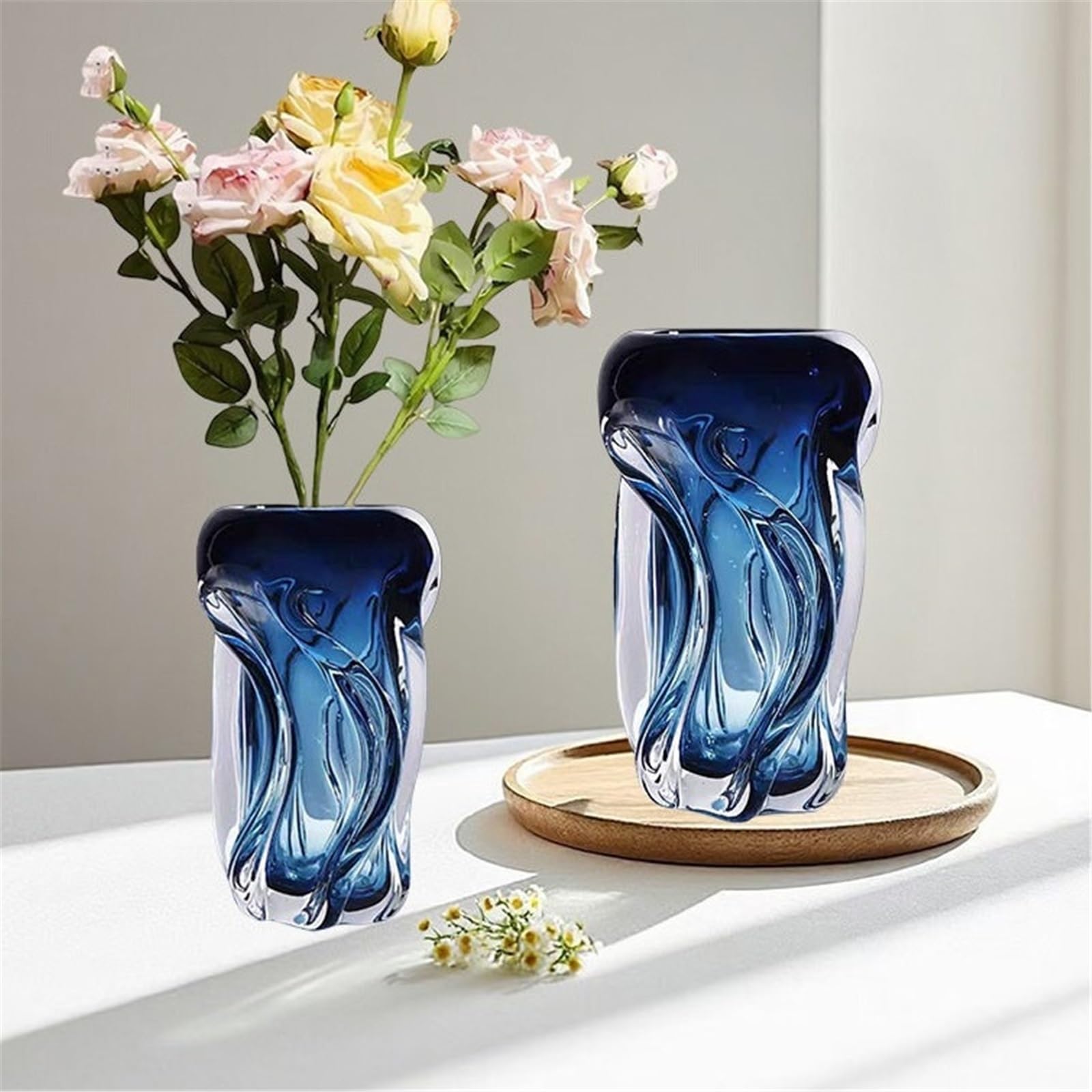 Jarrón Decorativo Decoración de Interiores Hecha a Mano, jarrón Cristal Azul Degradado con Onda Curvada, Arte único, decoración del hogar para Decorar el hogar(Pequeño)