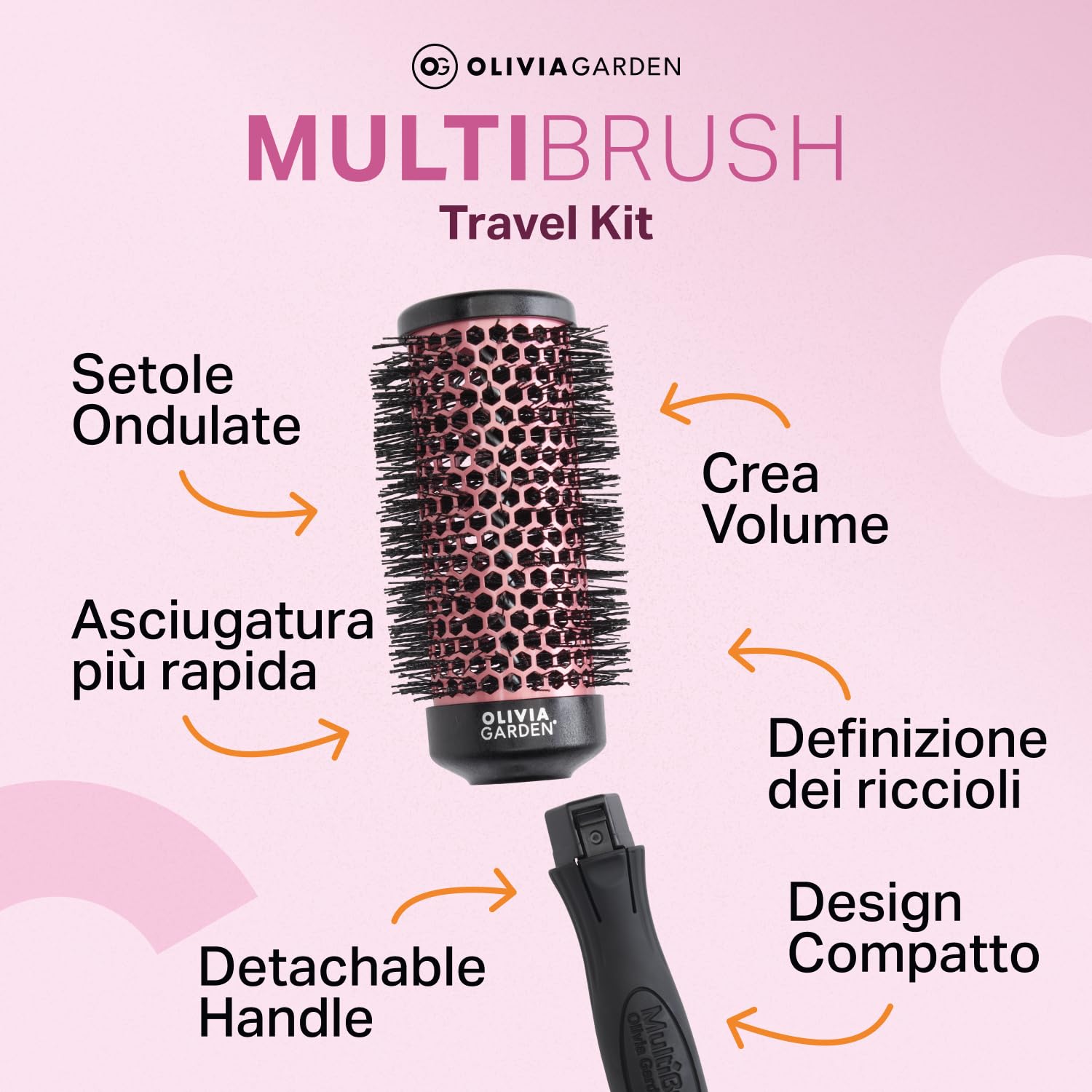 Olivia Garden Kit bigodini multibrush – 4 barili e 1 manico – fusti senza risciacquo, perfetti per ricci e volume