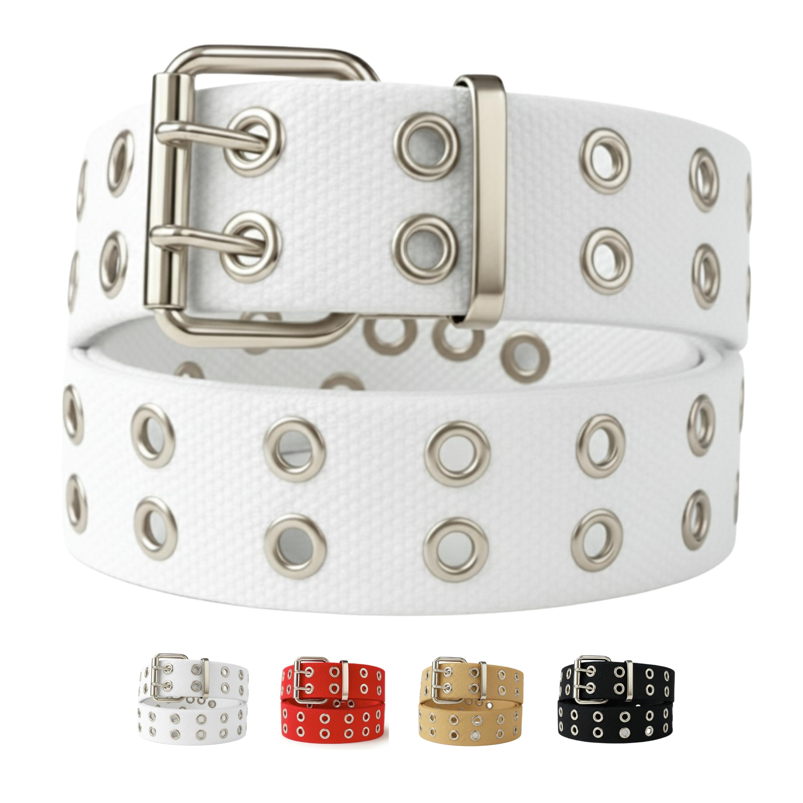Double Grommet Belt Canvas Punk Style Web Belt Double Eyelet for Women Men Jeans 2 Hole Belts 1.5'' Wide