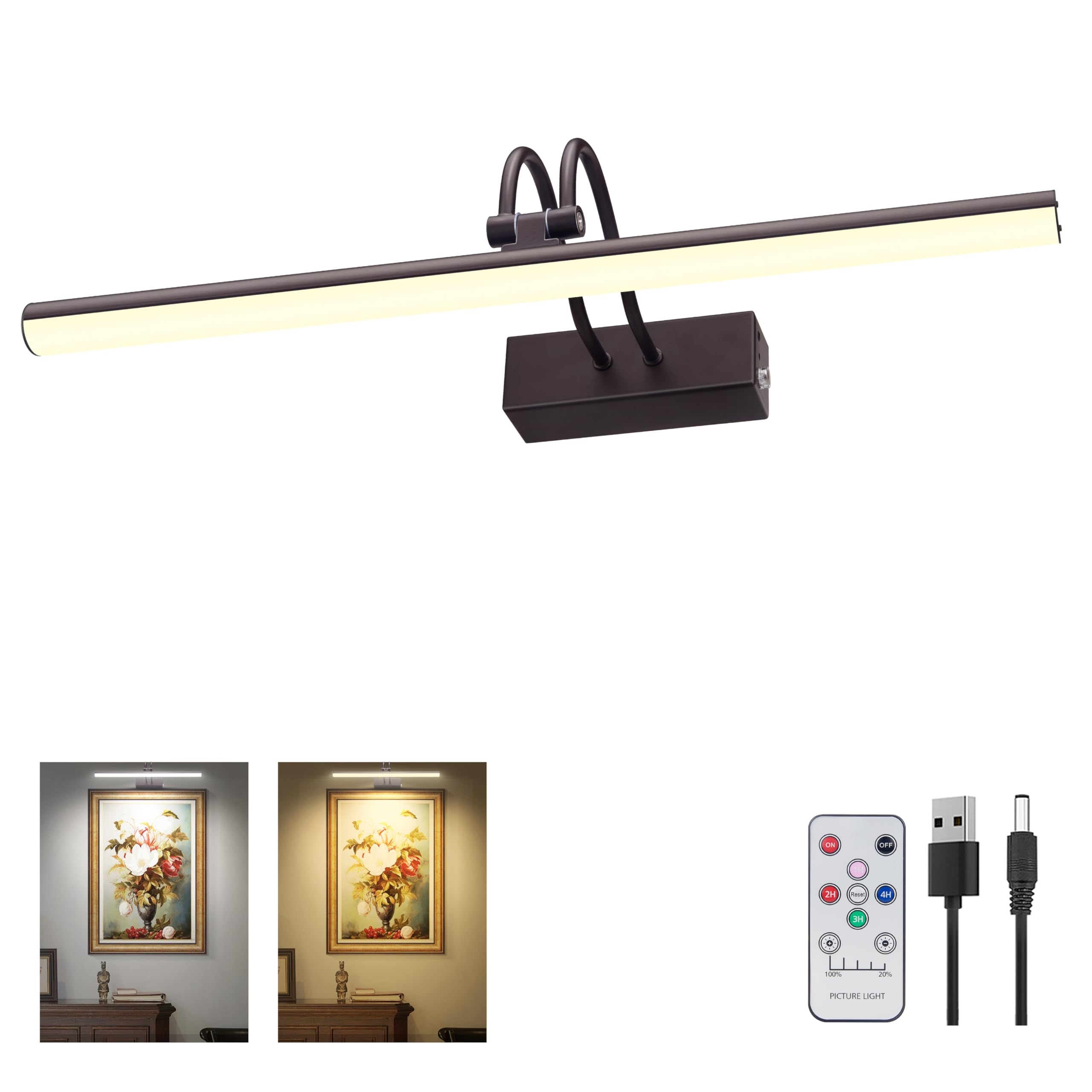 Picture Light,2Colors Art Lights for Paintings,16" Battery Wall Light,Remote Control Accent Lighting with Timer and Dimmable for Frame,Portrait,Artwork-Black