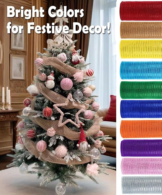 Moss Green Metallic Deco Mesh Ribbon Roll 10 inch x 30 feet (10 Yards) for Christmas Tree, Wreaths, Swags, Garland, Holiday Decorations Glitter Foil Gift Wrapping Craft