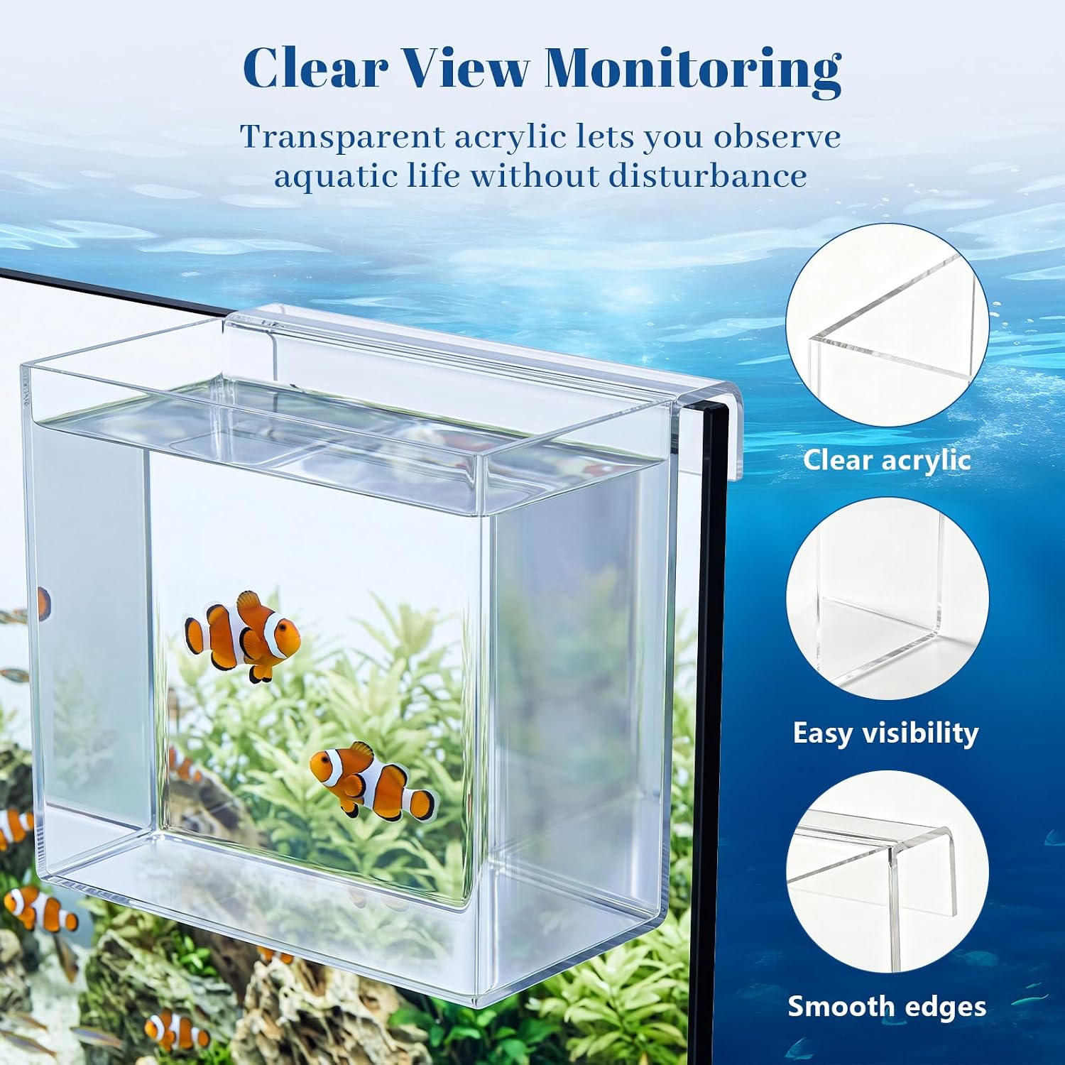 Fish Acclimation Box Set, Extra Large Clear Acrylic Hanging Tanks with Fish Net Drip Tube Hanging Aquarium Acclimation Box for Saltwater Coral Shrimp Freshwater Fishes (10×8.5×4.5inch)