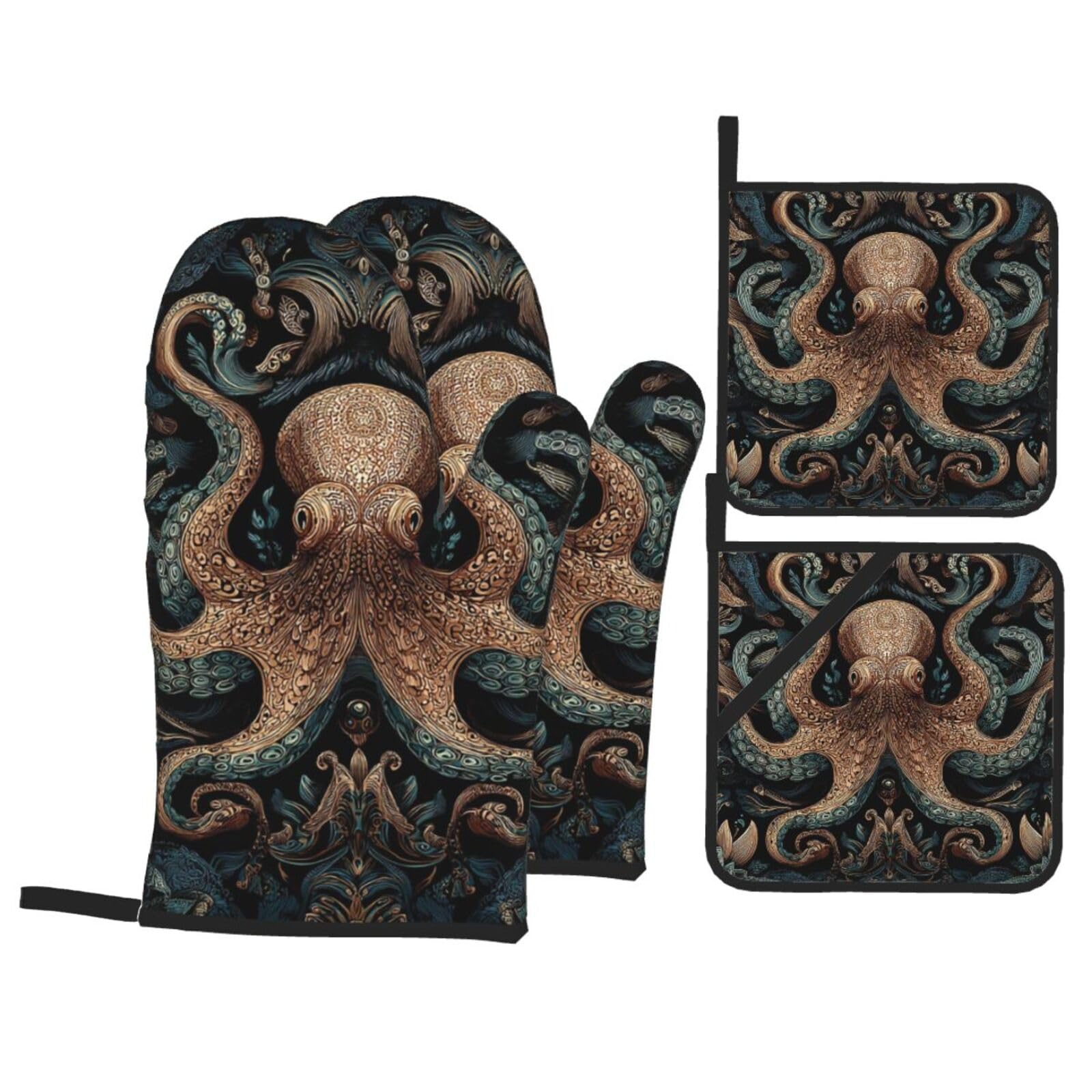 Oven Mitts and Pot Holders Set of 4 Heat Resistant Non-Slip Kitchen Gloves Hot Pads Giant Octopus Oven Mitts Kitchen Mittens Gloves Non-Slip Potholders for Cooking Baking Grilling BBQ