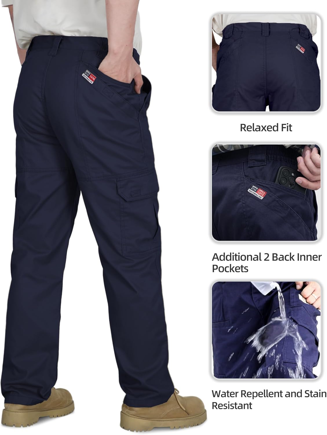 BOCOMAL FR Pants for Men Double Front Flame Resistant Cargo 10 Multi-Pockets Elastic Waist Work Pants - Image 5