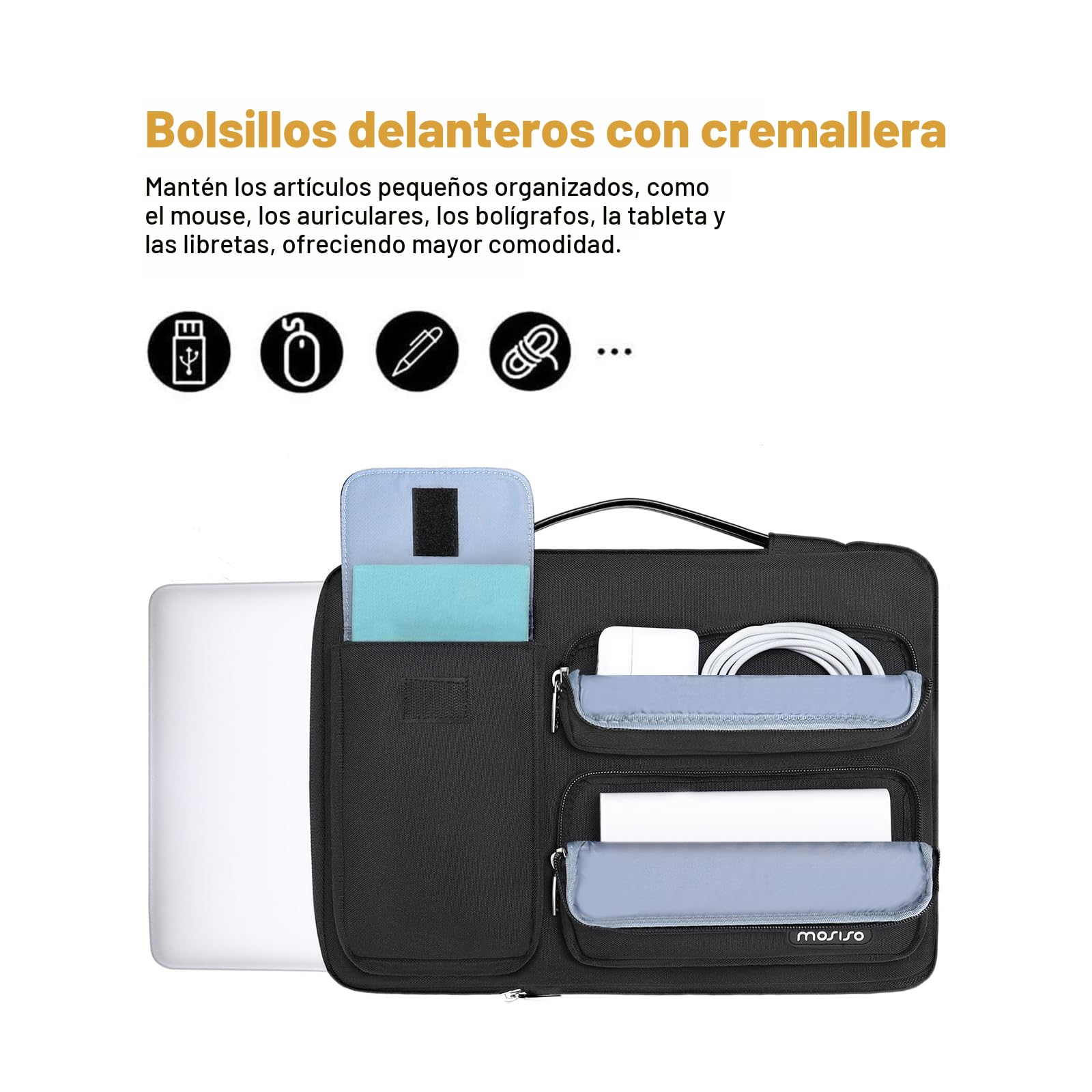 MOSISO 360 Protección Funda Portátil 13,3 Pulgadas, 13 a 13,3 Pulgadas Compatible con MacBook Air/Pro13/Pro 14 M5 M4 M3 M2 M1, Bolsa Abierta Lateral con 2 Alzas&1 Bolsillos con Solapa, Negro