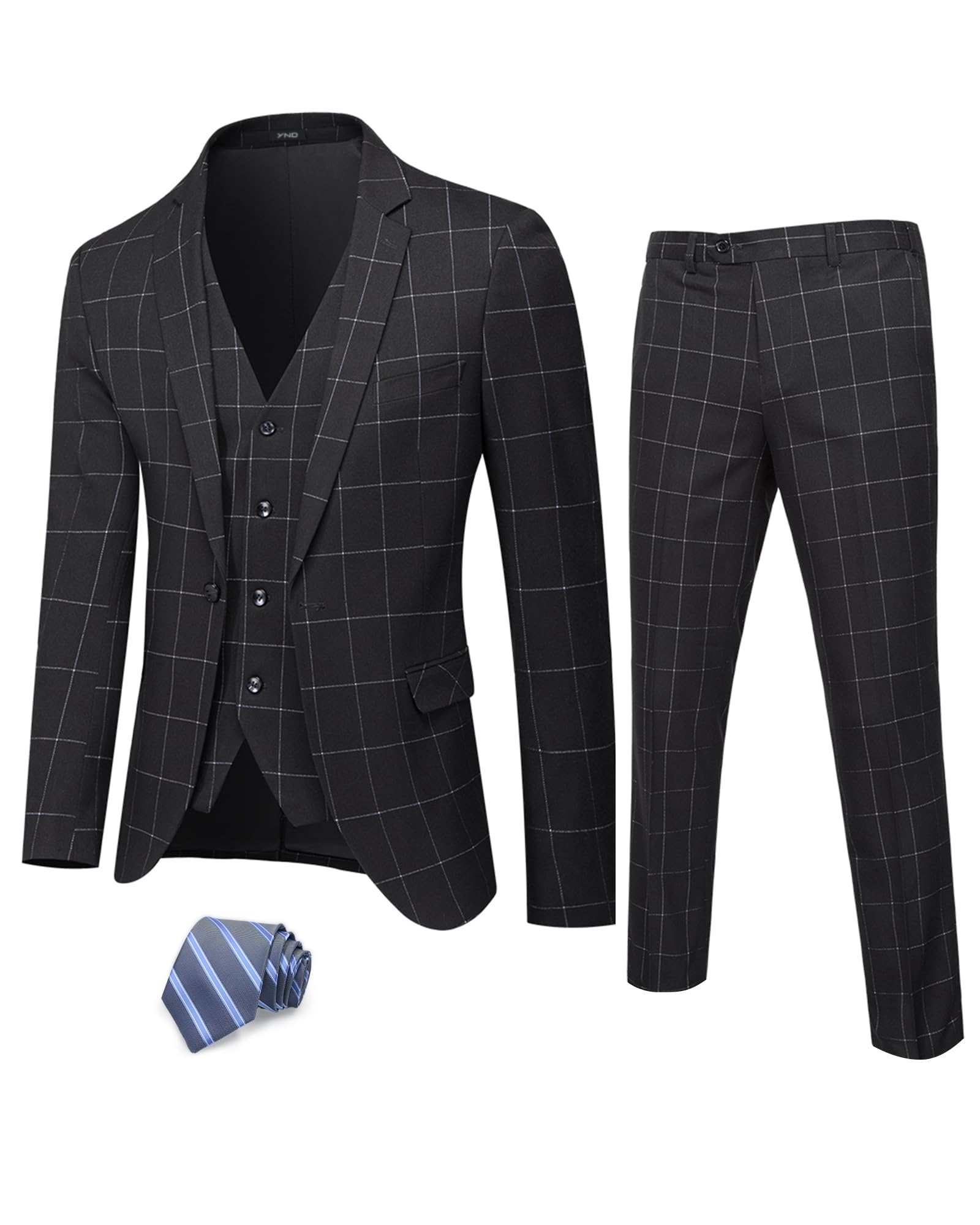 YND Men's 3 Piece Suit Set with Tie, 2 Button Slim Fit Solid Blazer Jacket Vest Pants, Business Wedding Party Suits for Men