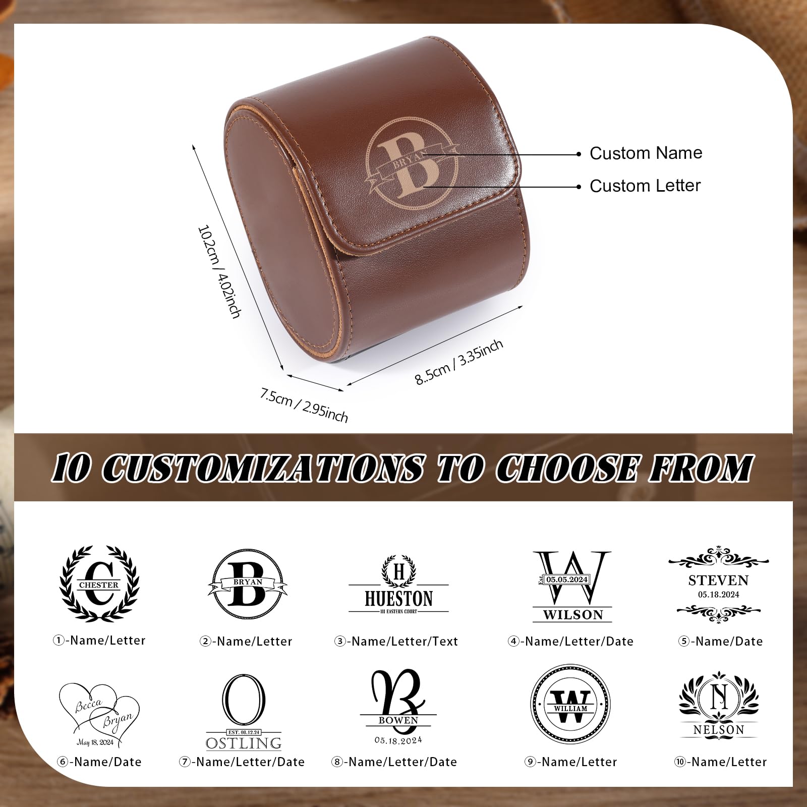 Rayiant Personalized Leather Watch Case, Custom Name Watch Box for Men Women, Portable Watch Box, Christmas for Him Her (Brown, Letter Name)