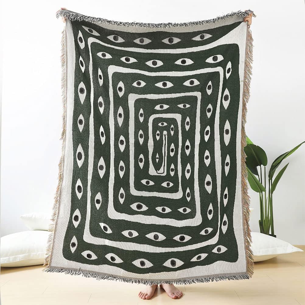 Snake Eyes Throw Woven Blanket with Tassel for Home Decoration Chair Couch Sofa Bed Beach Travel Picnic Cloth Tapestry Shawl Cozy Cotton (Dark Green White 59×49 Inches)
