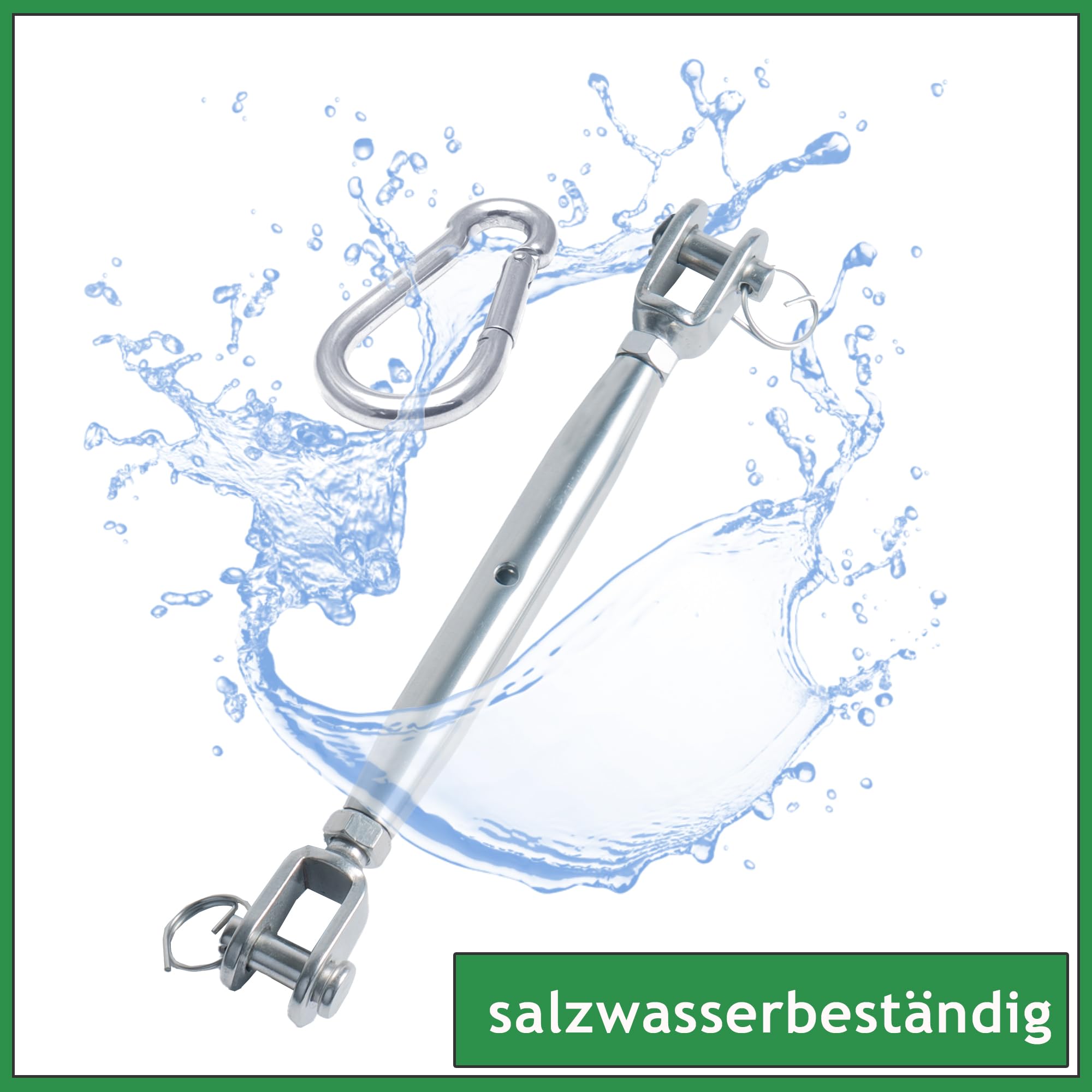 Sonnensegel Befestigungset aus V4A Edelstahl | Set aus M10 Wantenspanner & 80mm Karabiner | Robuste Befestigung für Sonnensegel, Abdeckplane, Drahtseil oder Tarp (4 Paar)