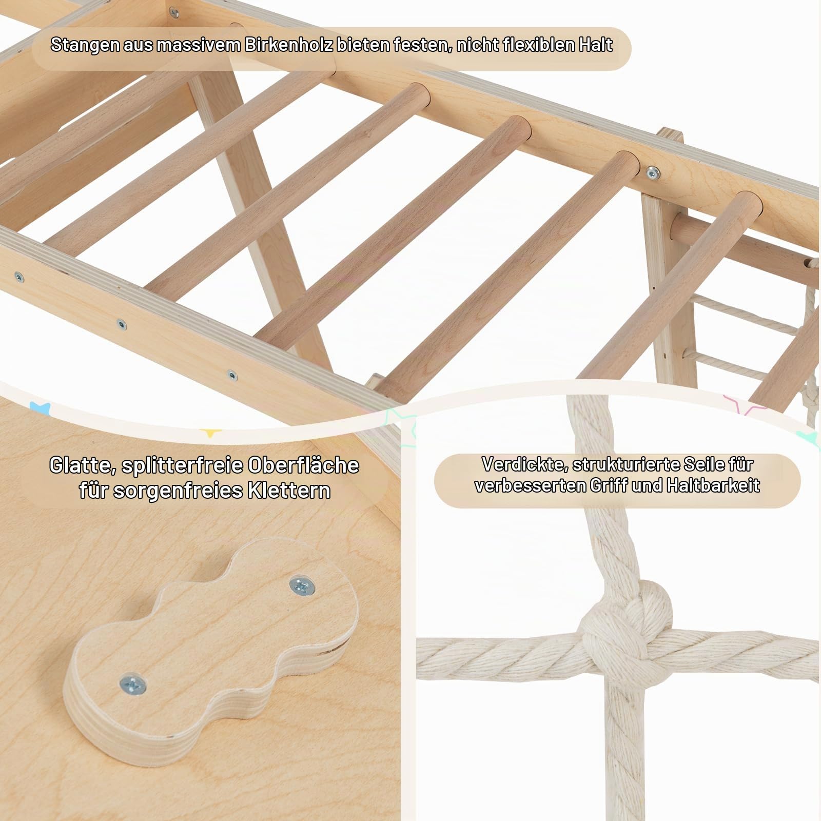 HOMASIS Klettergerüst Indoor, 6 in 1 Kletterdreieck mit doppelseitige Rutsche, Kletternetz, Kletterleiter, Basketballkorb, Kletterfelsen & Affenstangen, Holz Spielplatz für Kinder ab 3 Jahren (Natur)