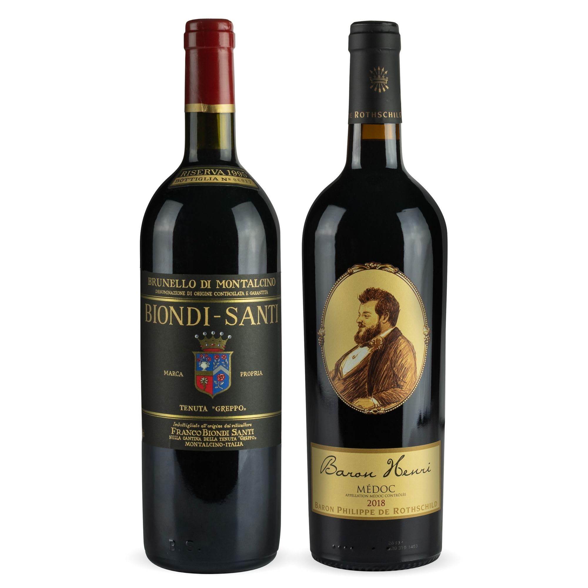 teure Rotweine im Vergleich - 1 x Biondi Santi 'Brunello di Montalcino' Riserva 1995 (0.75 l) 1x Baron Philippe de Rothschild 'Baron Henri' A.O.C. Medoc 2018 (0.75 l) in edler Vintage-Holzbox