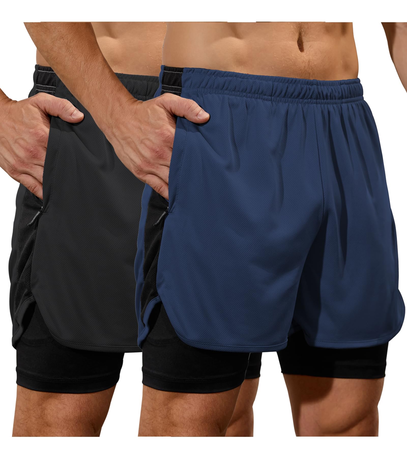 SILKWORLD Mens Running Stretch Shorts 2 in 1 Gym Workout Shorts Quick Dry Stretch Athletic Shorts with Pockets