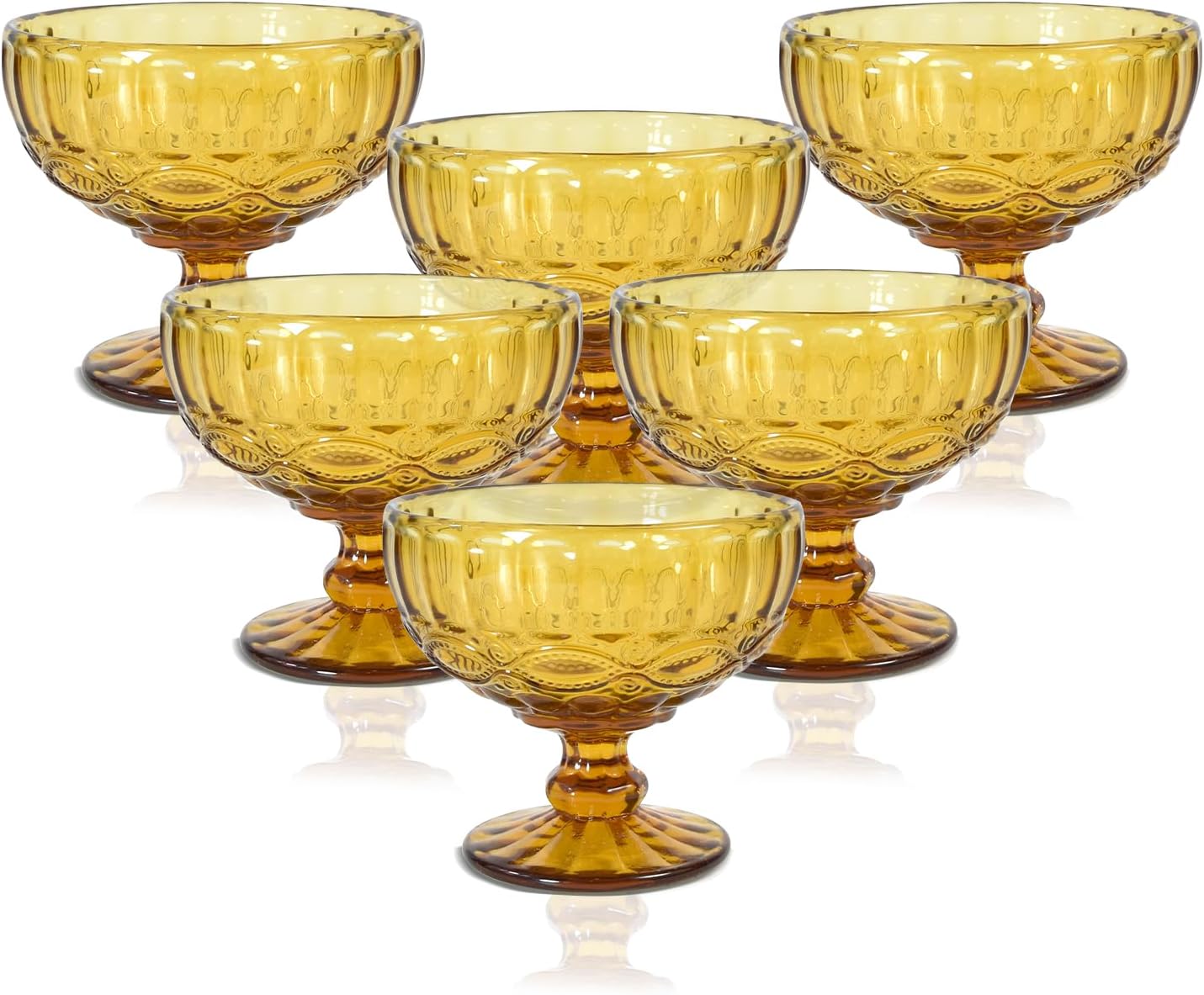 Glass Ice Cream Bowls - Set of 6, Amber Small Glass Bowls Vintage Pressed Pattern Ice Cream Cups/Dessert Bowls for coconut peach ice cream Fruit Pudding Trifle Parfait(12 Oz, Serpentine)