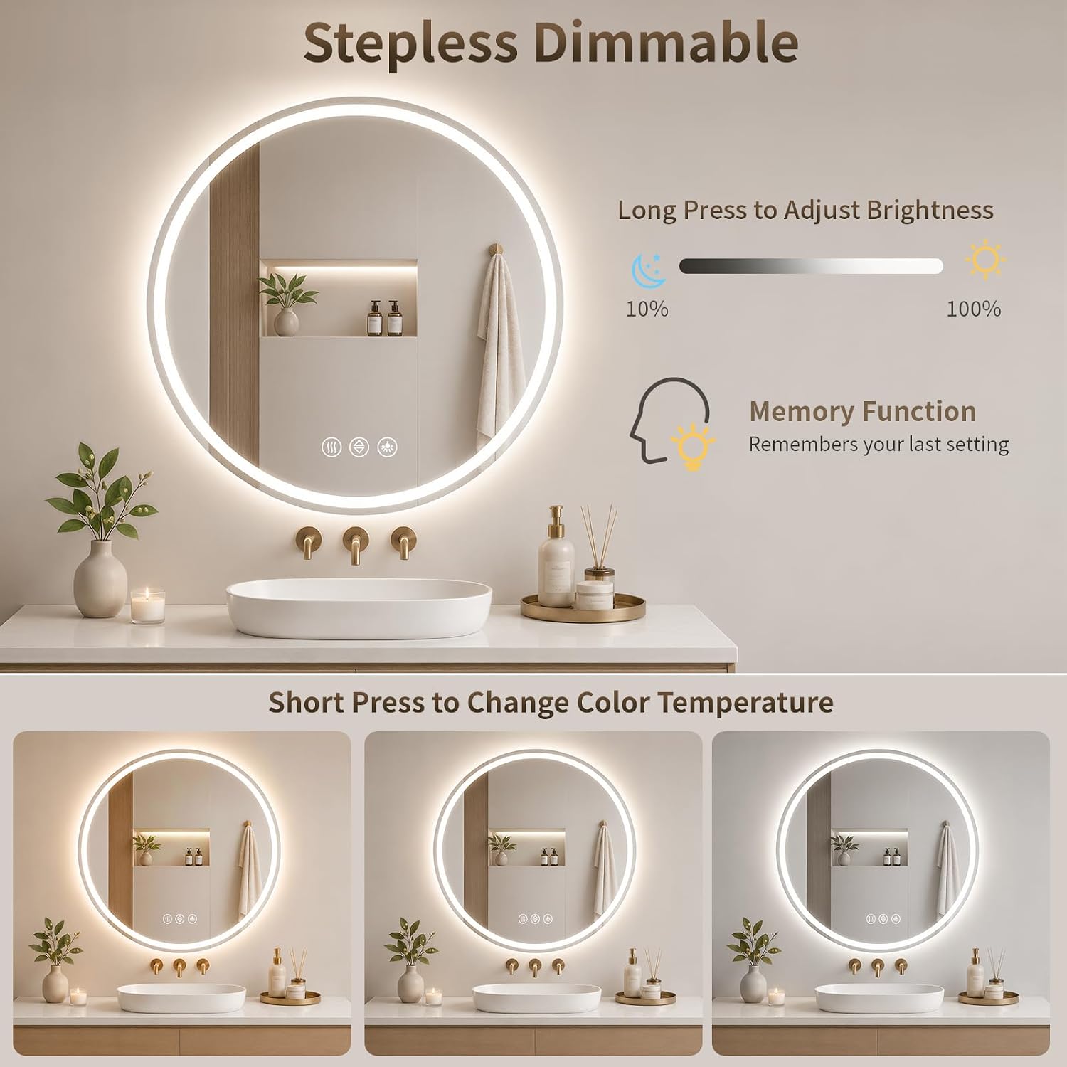 BEAUTYPEAK 30 Inch Round LED Bathroom Mirror with Lights, Circle Frameless Wall Mounted Vanity Mirror with Anti-Fog, Dimmable 3 Color Temperature, Memory Function, Tempered Glass for Modern Home Decor