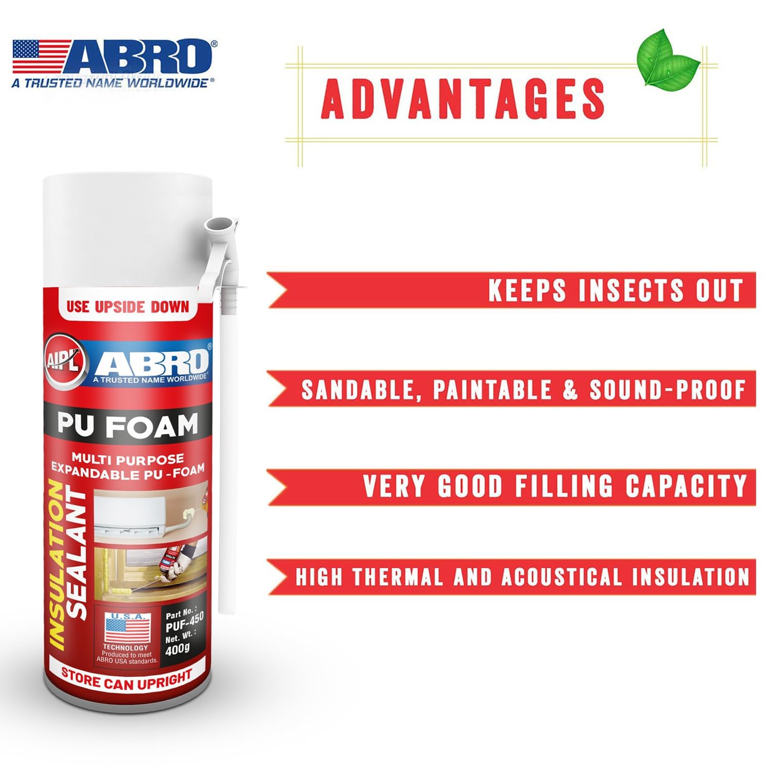 ABRO PUF-450 DIY PU Foam Sealant Spray White for Repair Bigger Large Holes Gap Crack Wall Filing Multipurpose Expandable Waterproof no Shrinkage Doors PVC Pipe & AC ducts (Pack of 12) - Image 3 thumbnail