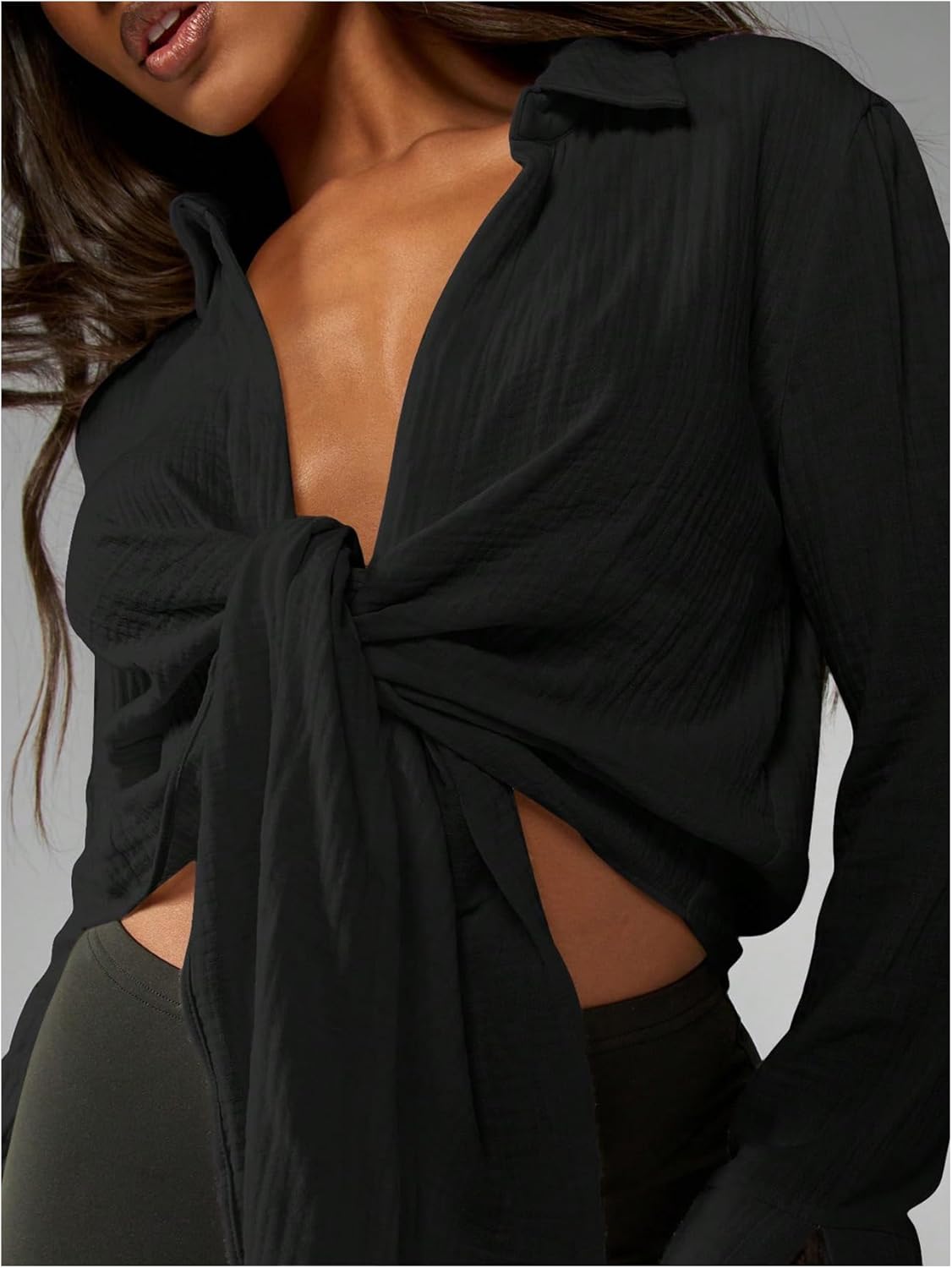 SHENHE Women's Y2k Deep V Neck Tie Front Top Sexy Long Sleeve Plisse Pleated Blouse Shirt Tops - Image 3