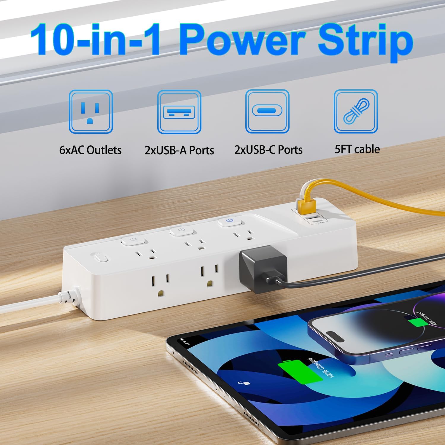 HITRENDS 6-Outlet Power Strip with 4 USB Ports (2 USB-C), 6 Ft Extension Cord, Individual Switches, 1250W/10A Desk Power Strip with Overload Protection for Home Office, Dorm, Bedroom, White