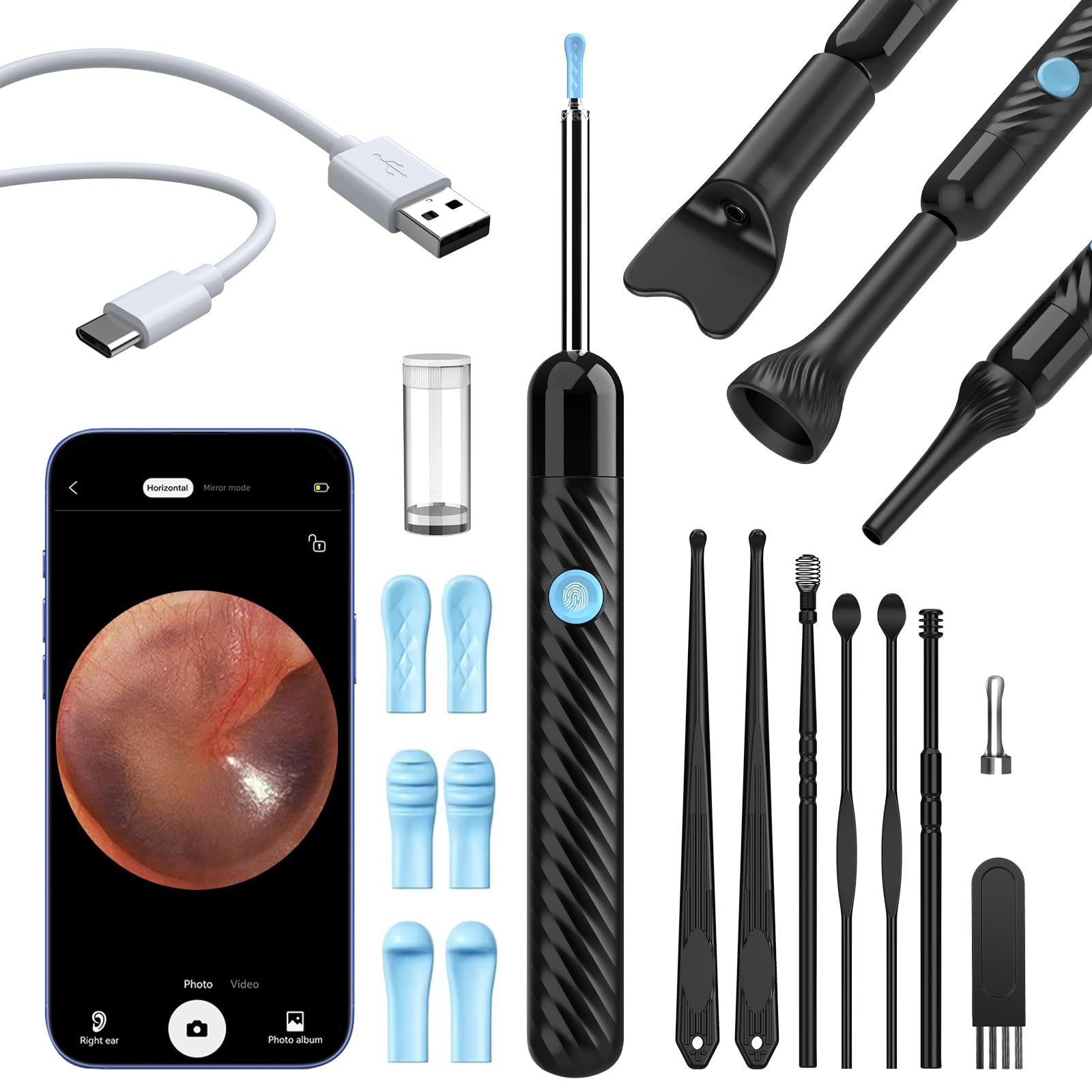 VITCOCO Ear Wax Removal Tool 1920P HD Ear Cleaner With 6 LED Lights And 8 Ear Spoons, Ear Wax Removal With 3mm Mini Visual Ear Inspection Camera, Ear Cleaning Kit Compatible For