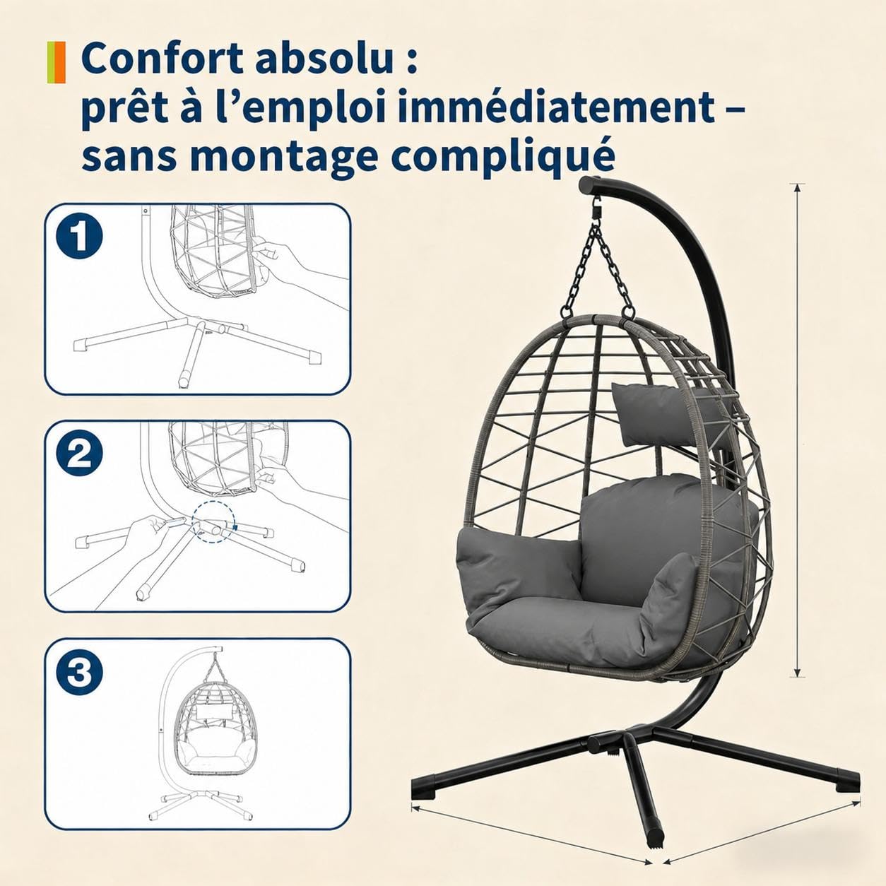 GarveeTech Fauteuil Oeuf Suspendu avec Support, Structure Acier Robuste, Rotin Synthétique PE résistant aux intempéries, Coussin Épais, Charge 150kg, pour Intérieur Extérieur Jardin Terrasse
