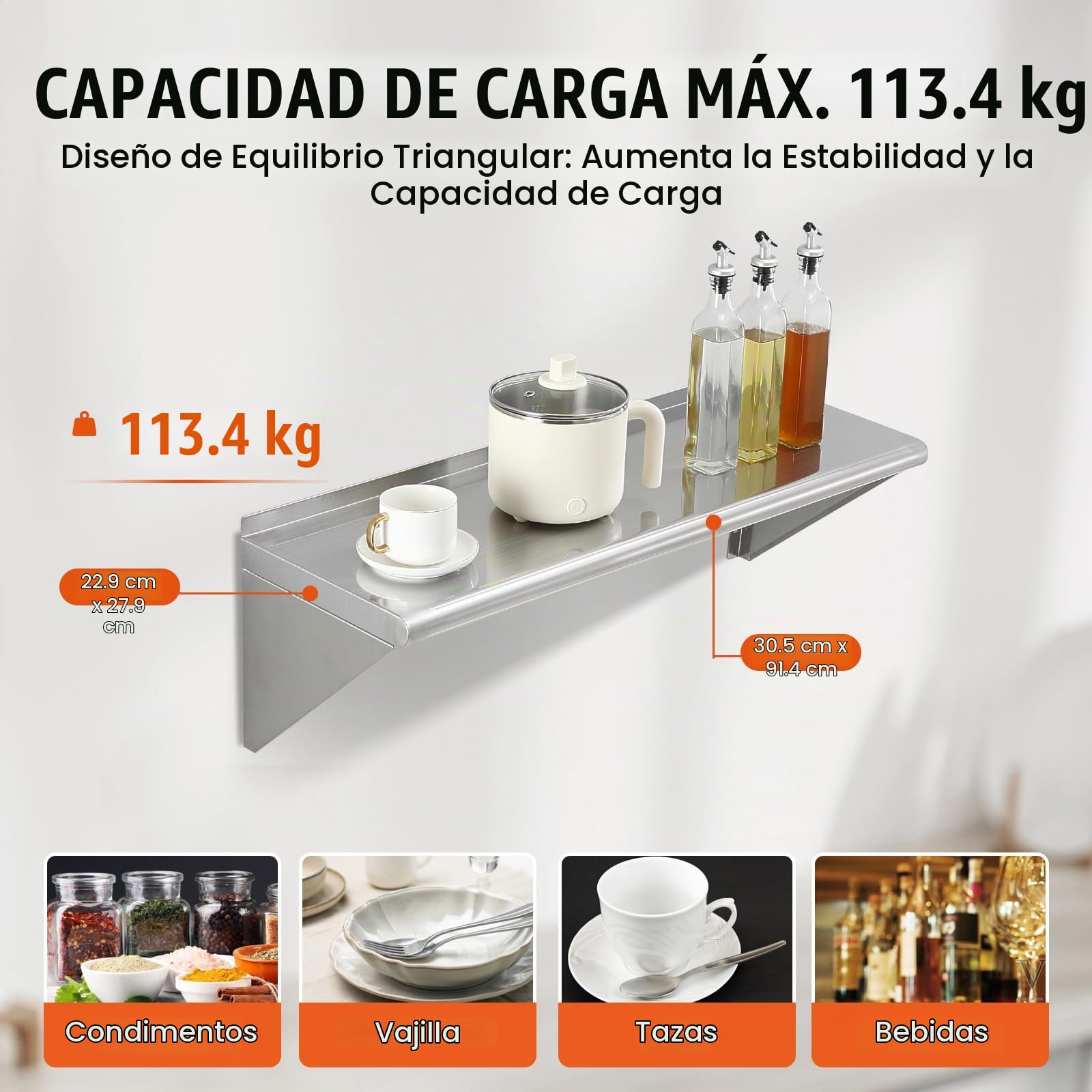 VEVOR Estante de Pared de Acero Inoxidable 915x305x63 mm Estante Flotante con Soporte Triangular Carga Máxima de 113 kg Estantería de Pared para Libros Portarretratos Plantas Oficina Baño Cocina
