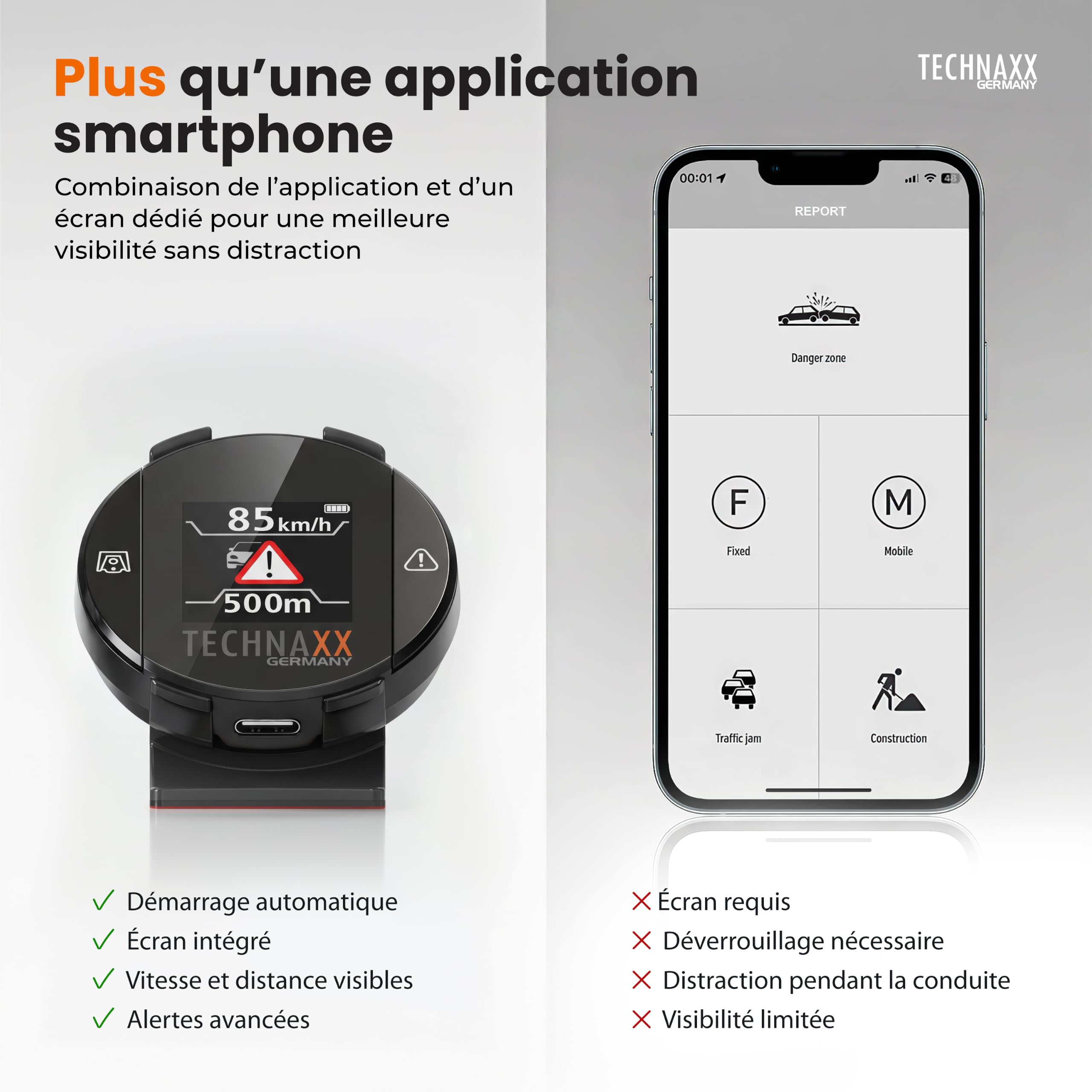 Technaxx détecteur de Radar avec Blitzer.de– Dispositif d’Alerte routière avec écran, alertes de Vitesse et de Danger, Affichage en Temps réel, Compatible Apple CarPlay et Android Auto – TX-388