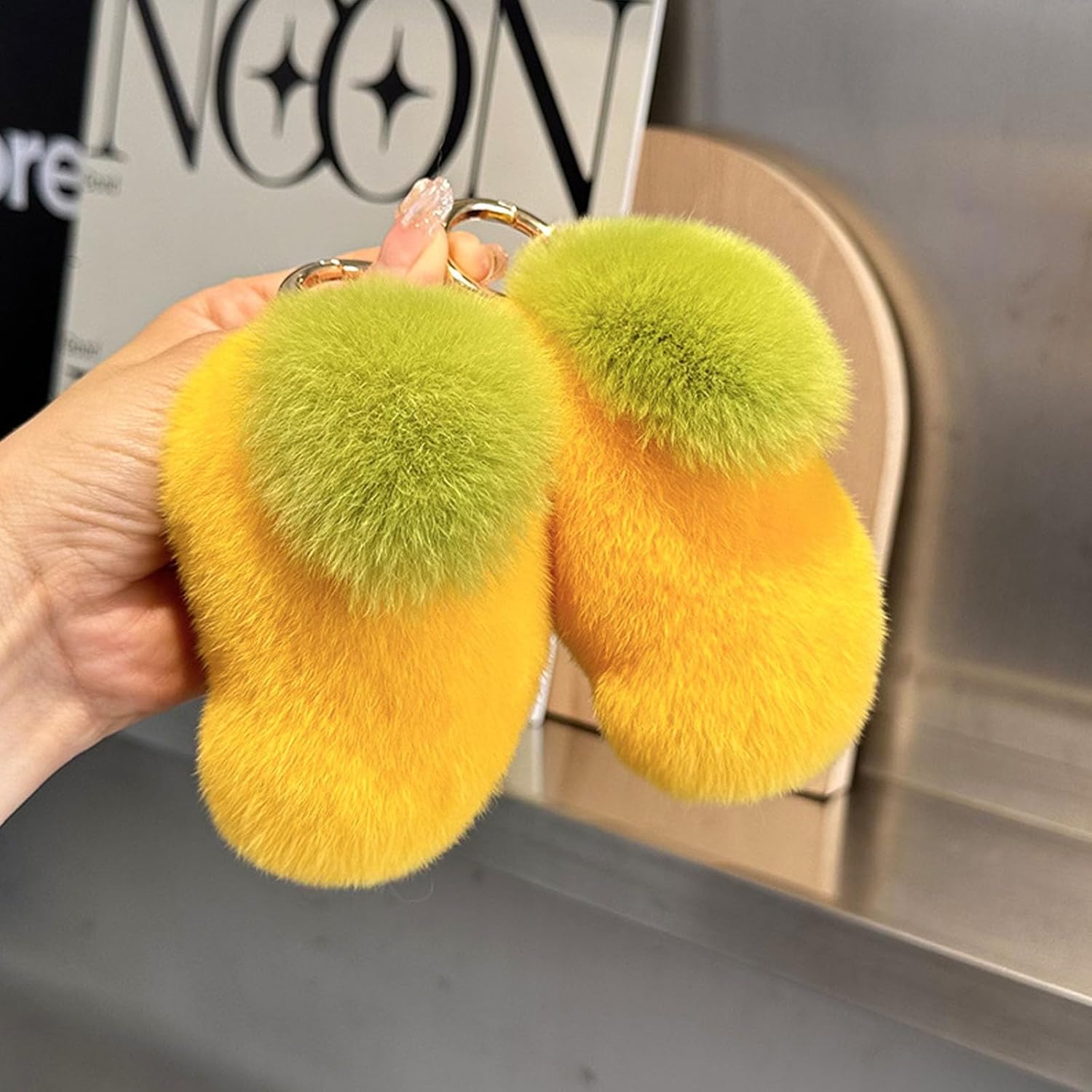 Soft Cute Fruit Keychain Artificial Rabbit Fur Plush Fluffy Pom pom Key Ring Handbag Key Chain Pendant for Women - Image 6