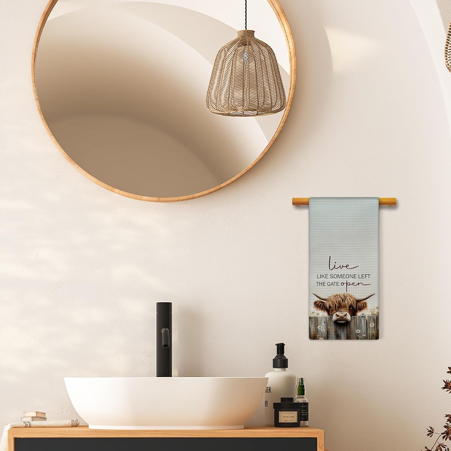 Farmhouse Highland Western Cow Kitchen Towels, Live Like Someone Left The Gate Open Rustic Hand Towels for Bathroom Decor, Cow Lover Gifts Dishcloths Dish Towel for Kitchen 16x24 Inches - Image 4