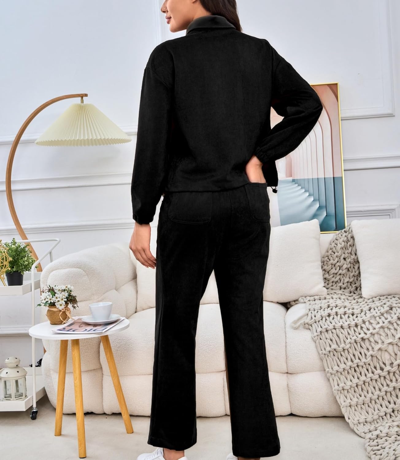 Womens 2 Piece Sets Travel Outfits Half Zip Sweatshirt And Wide Leg Sweatpant Airport Outfits for Women
