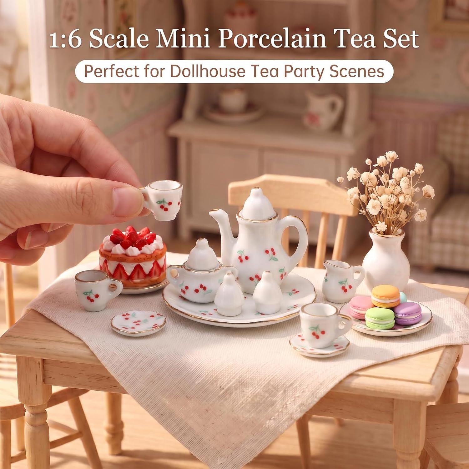 Miniature Tea Set 1/6 Scale Dollhouse Accessories Porcelain Cherry Pattern image 2