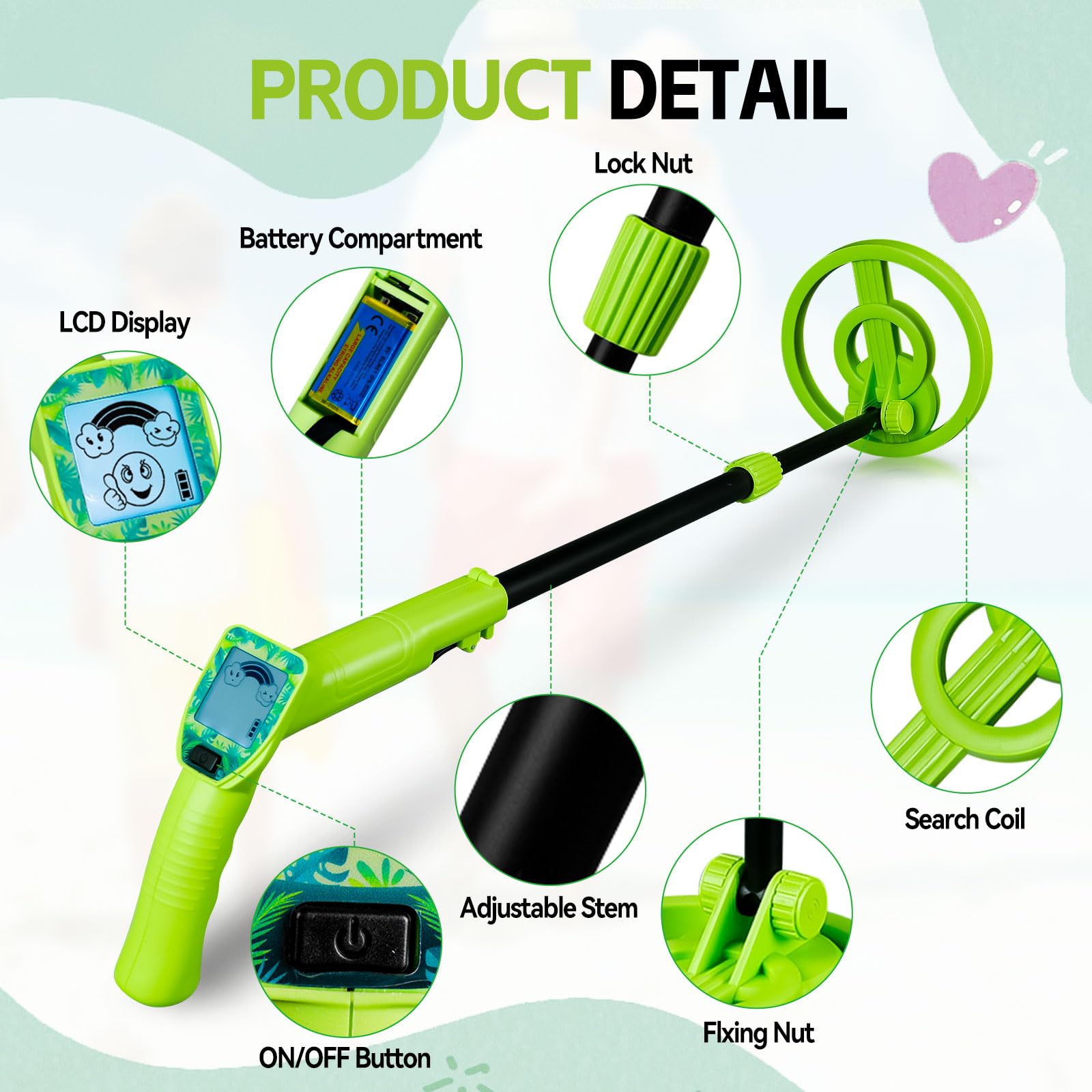 Rivelatore di metallo per bambini ad alta precisione con display LCD, 60-86 cm, regolabile, leggero, per esplorare all'aperto, regalo per bambini, principianti