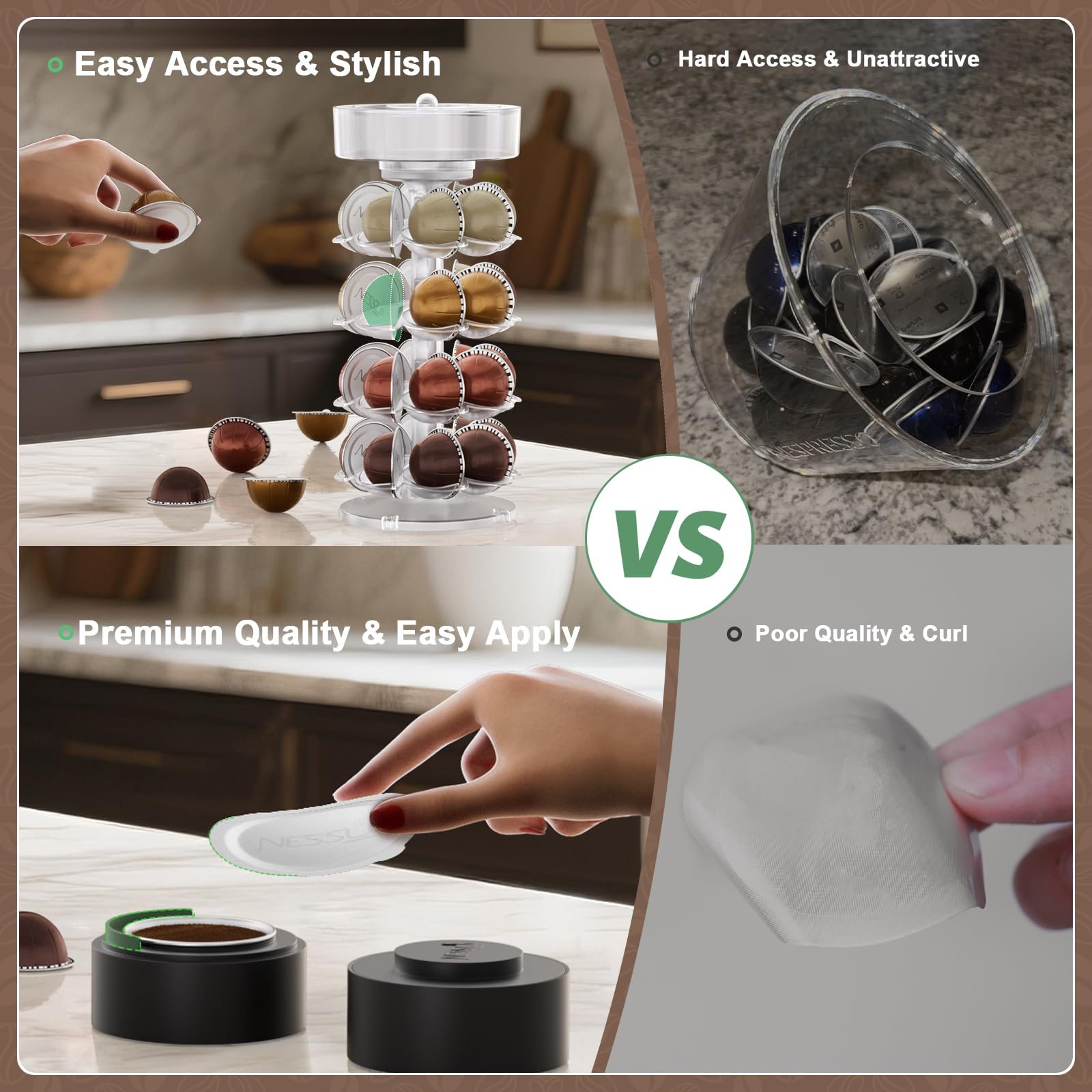 Kit de cápsulas reutilizables para cápsulas Nespresso Vertuo, soporte para cápsulas de café con herramienta Vertuo recargable y 100 tapas de aluminio