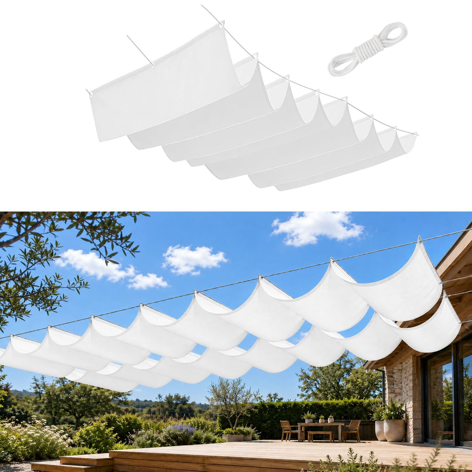 Einziehbares Sonnensegel 50 x 150 cm PES Markisenstoff Sonnenschutz Wasserdicht Stabil Windabweisend Sonnensegel inkl Befestigungsseile für Balkon Terrasse Garten, Weiß