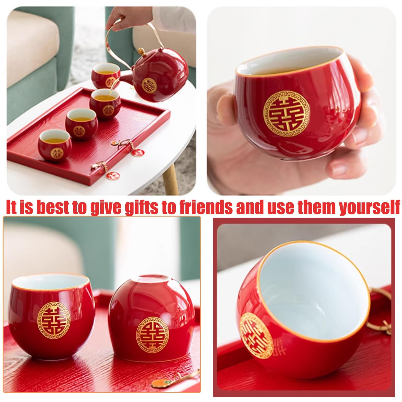 Chiński zestaw do herbaty ślubnej Double Happiness, porcelanowy dzbanek do herbaty z 8 filiżankami, tradycyjna czerwona dekoracja ślubna prezent dla przyjaciół i rodziny