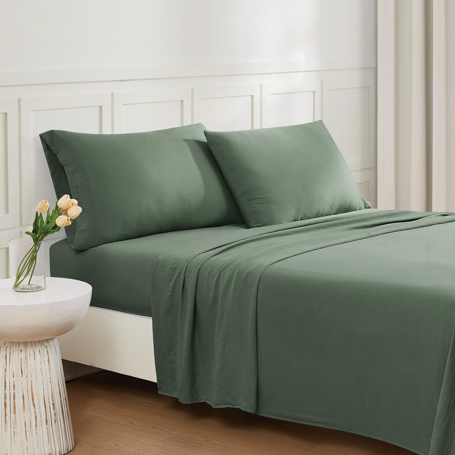 TRULY SOFT Garment Wash Solid Green Split King 5 Piece Sheet Set, Solid Color Themed, Oeko-TEX Certified Confidence