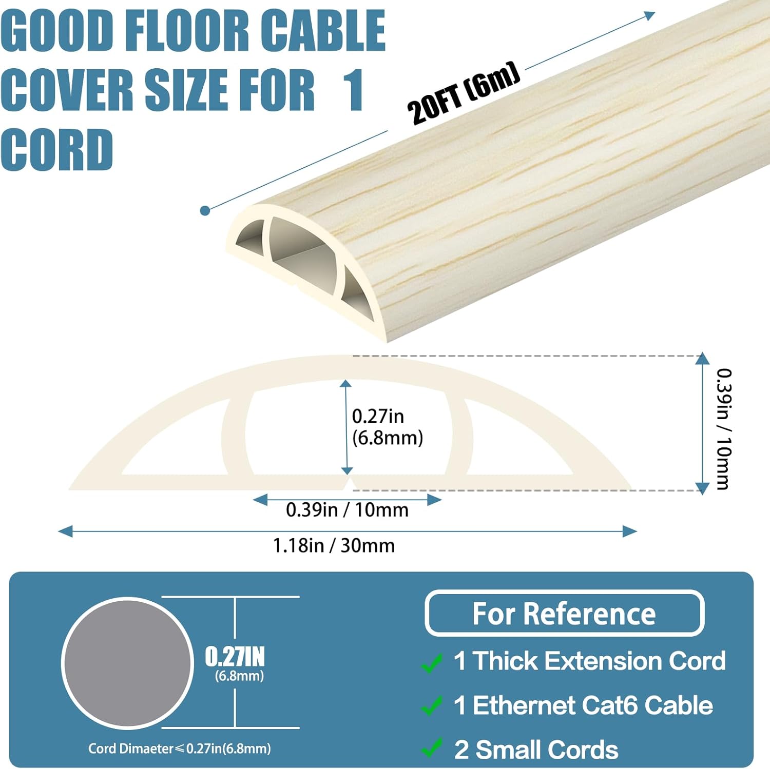 Floor Cord Covers for Wires 20FT Cable Hider Wire Cover Self Adhesive Cord Hider Floor for Offices, Homes, Workshops, Warehouses Cable Cavity 0.39" W x 0.27" H
