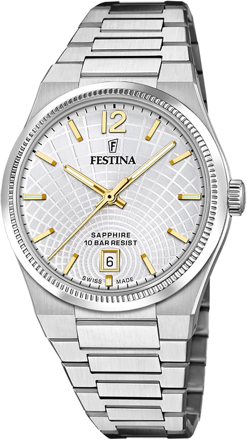 Festina SWISS MADE Orologio Analogico da Donna in Acciaio Inossidabile 316L Silver – Movimento al Quarzo – Vetro Zaffiro Resistente – Impermeabile 10 ATM – Datario F20052/2 Collezione Rive