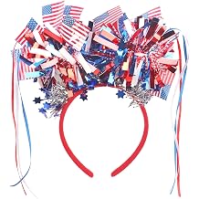 4th of July Headband for Women, USA Flag Star Bow Headband with Tinsel, Blue White Red Hair Hoop, Independence Hair Accessory, Patriotic Party Hair Supplies