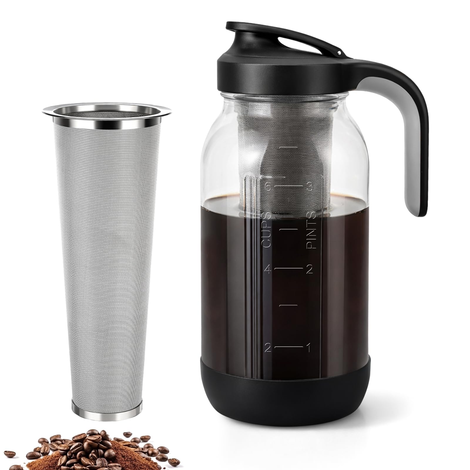 64 oz Cold Brew Coffee Maker with Stainless Steel Filter, Wide Mouth
