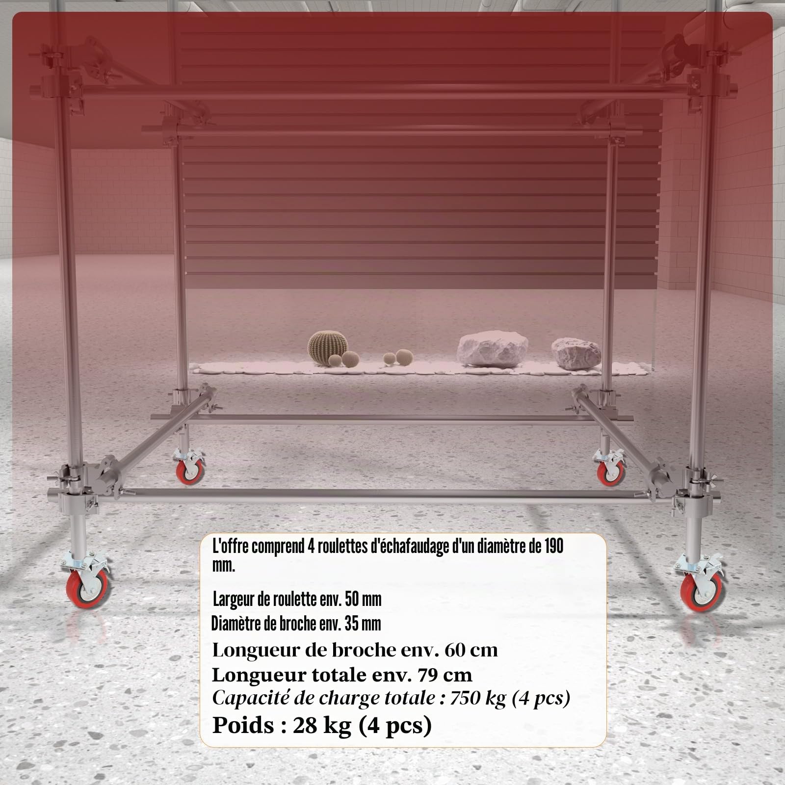 Lot de 4 roulettes pour échafaudage 190 mm avec tige filetée en acier, roulettes pivotantes à frein, position verticale, capacité de charge 750 kg, réglable en hauteur, compatible avec