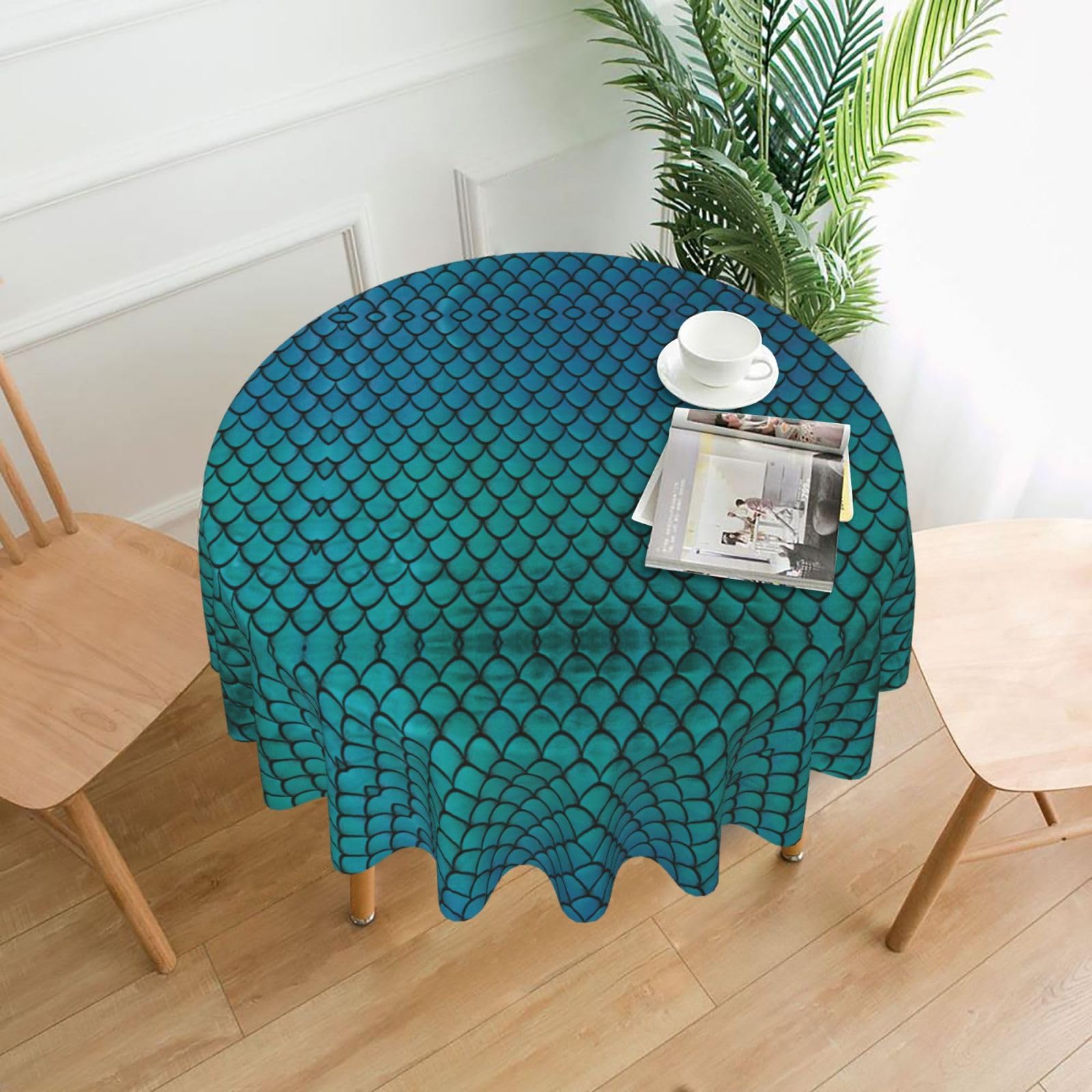 DEXNEL blue fish scale Print 60'' Round Tablecloth Retro Polyester Washable Cover for 4-6 Seat Dining Table Boho Decor